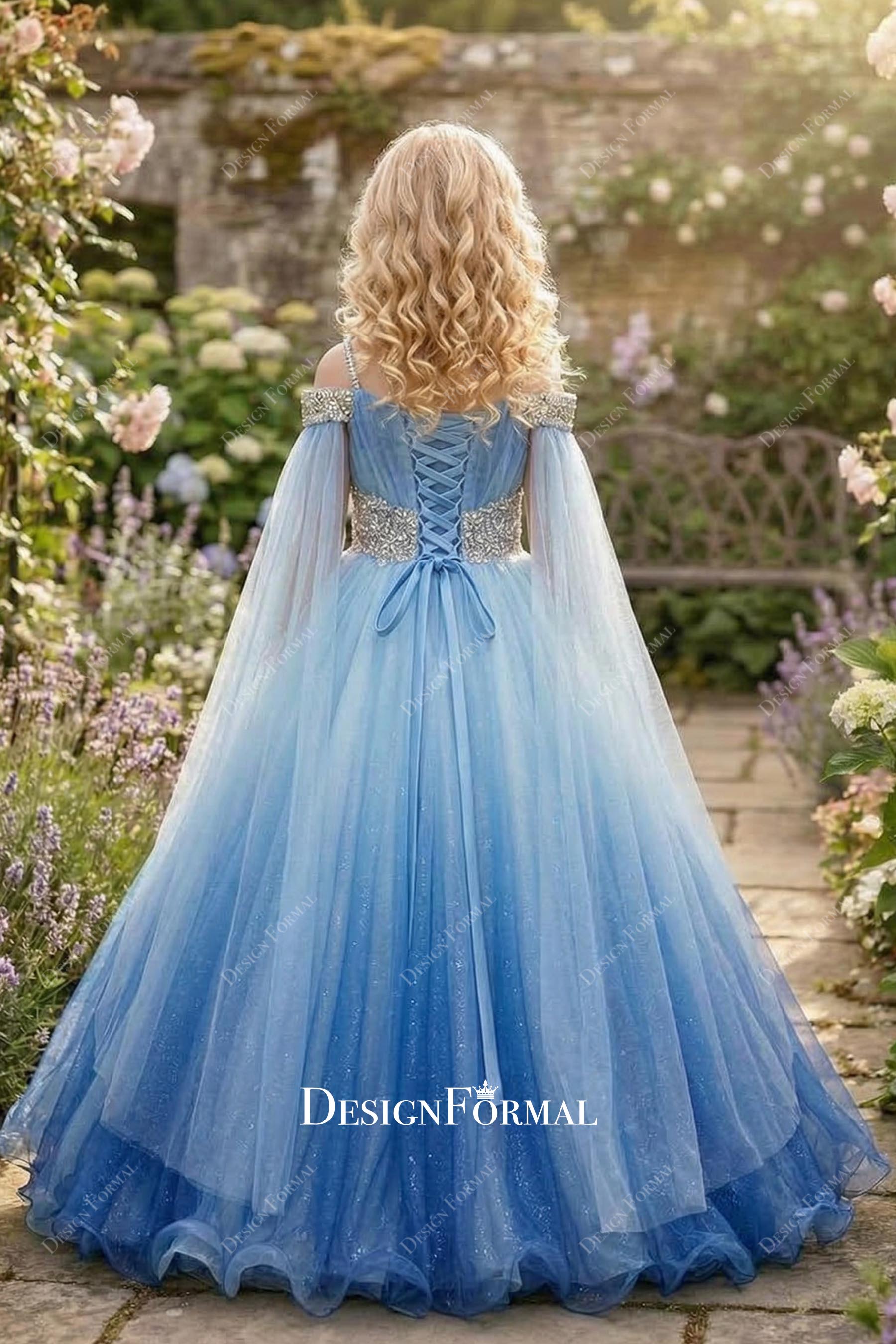 glitter blue court train pageant dress