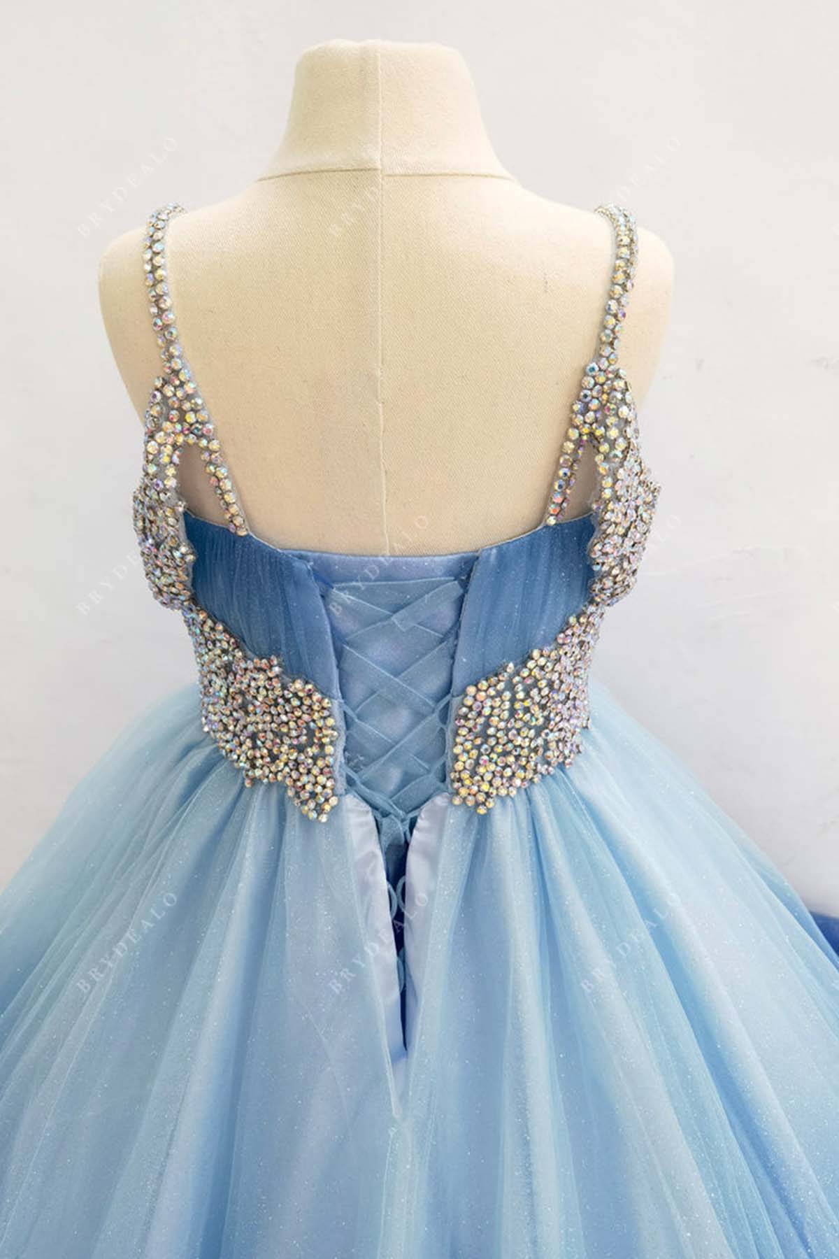glitter blue lace up back pageant dress
