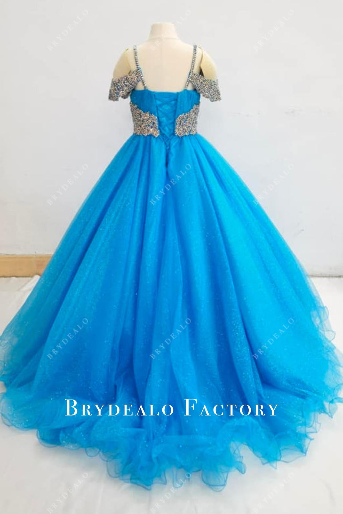 glitter blue sweep train pageant dress