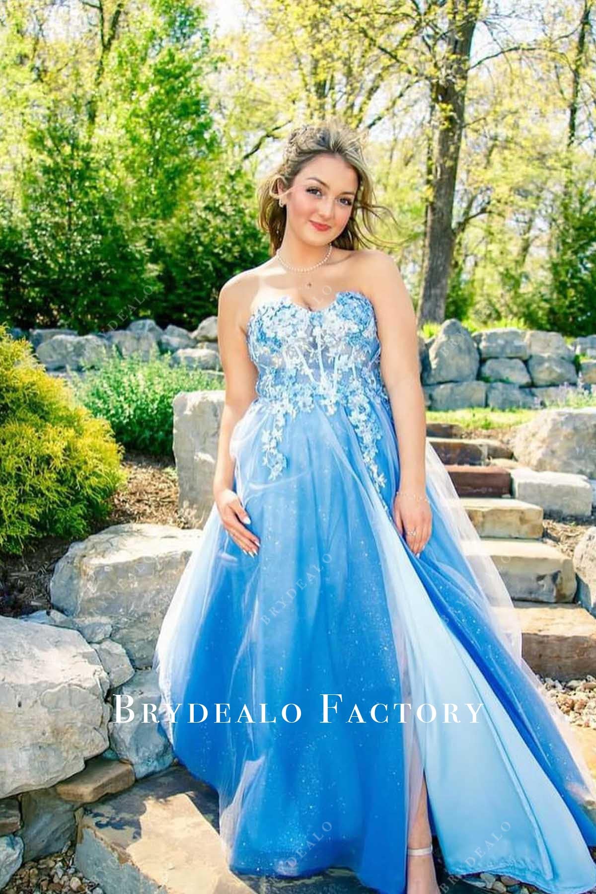 Prom Dress | Blue Strapless Lace Appliques A-Line Formal Gown Prom Dress | Blue Strapless Lace Appliques A-Line Formal Gown
