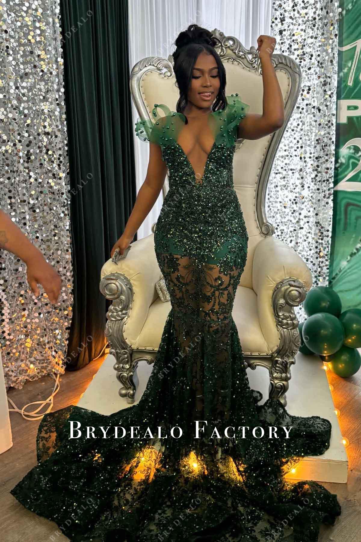 glitter dark green trumpet prom dress
