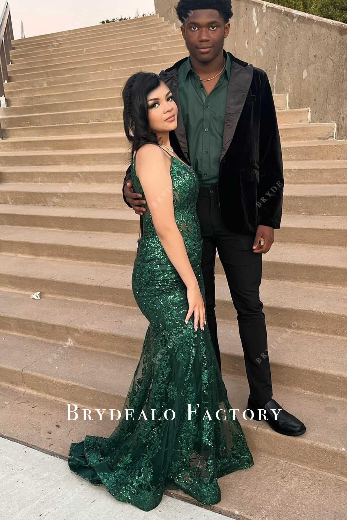 Dark Green Glitter Lace Spaghetti Straps Mermaid Prom Dress
