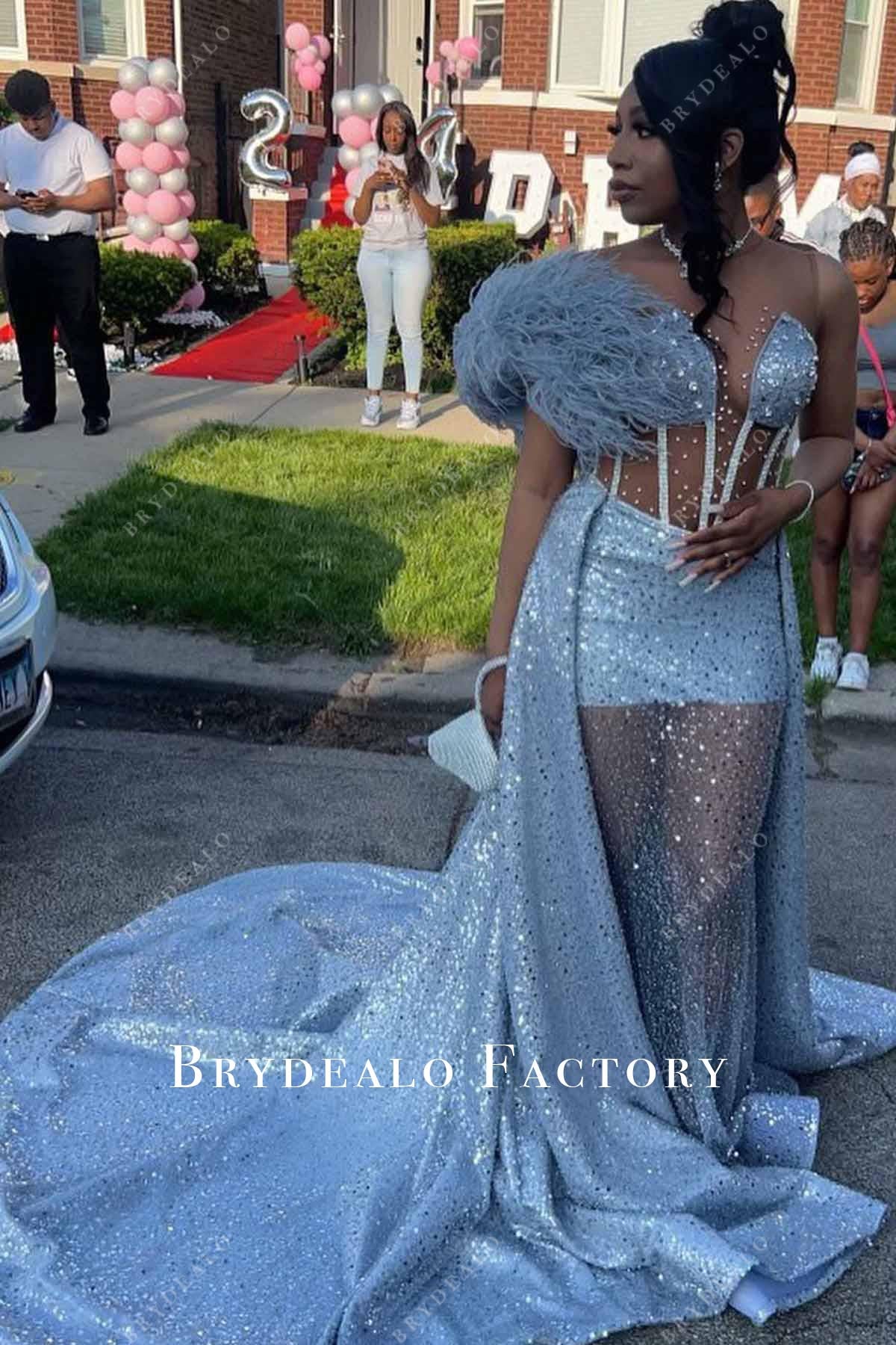 glitter feathered overskirt prom dress