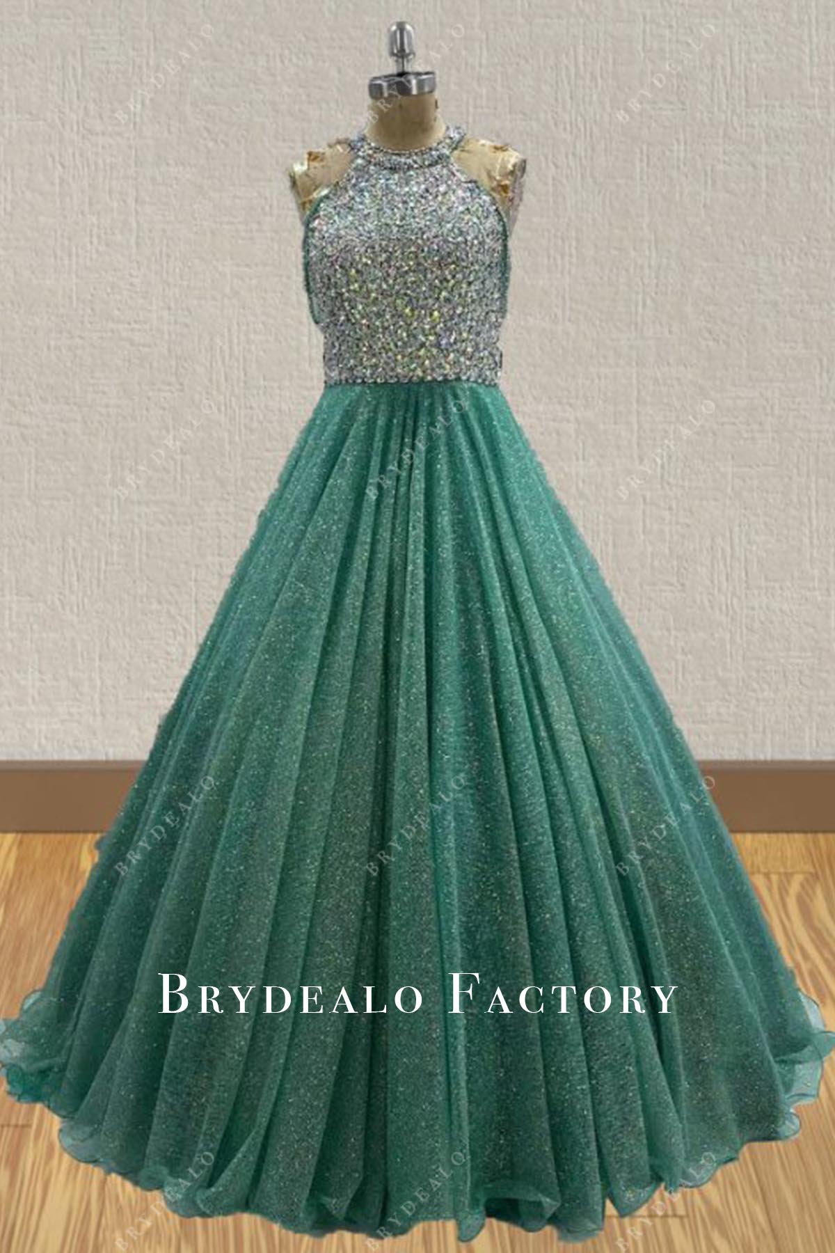 Crystals Green Halter A-Line Miss Teen Pageant Dress