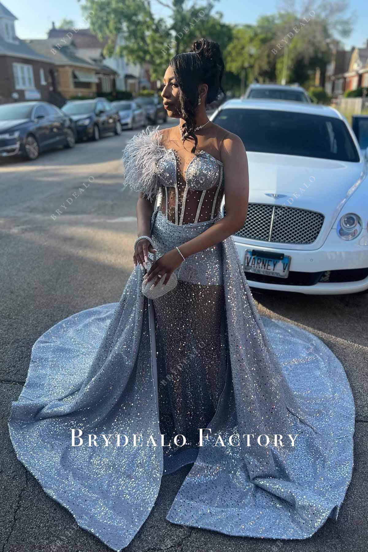 Glitter Silver Illusion Neck Long Train Overskirt Prom Dress Glitter Silver Illusion Neck Long Train Overskirt Prom Dress