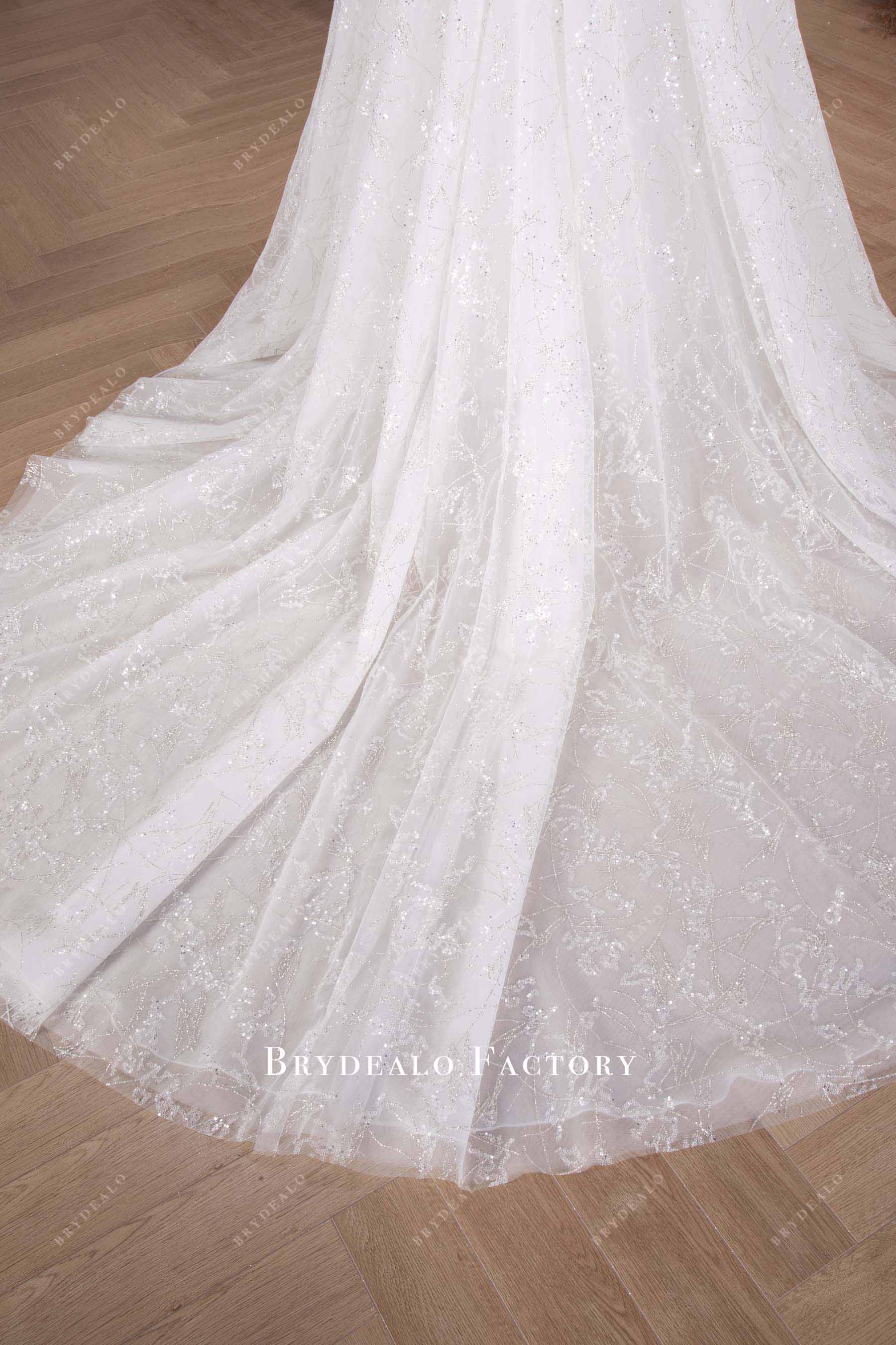 glitter lace white chapel train wedding dress