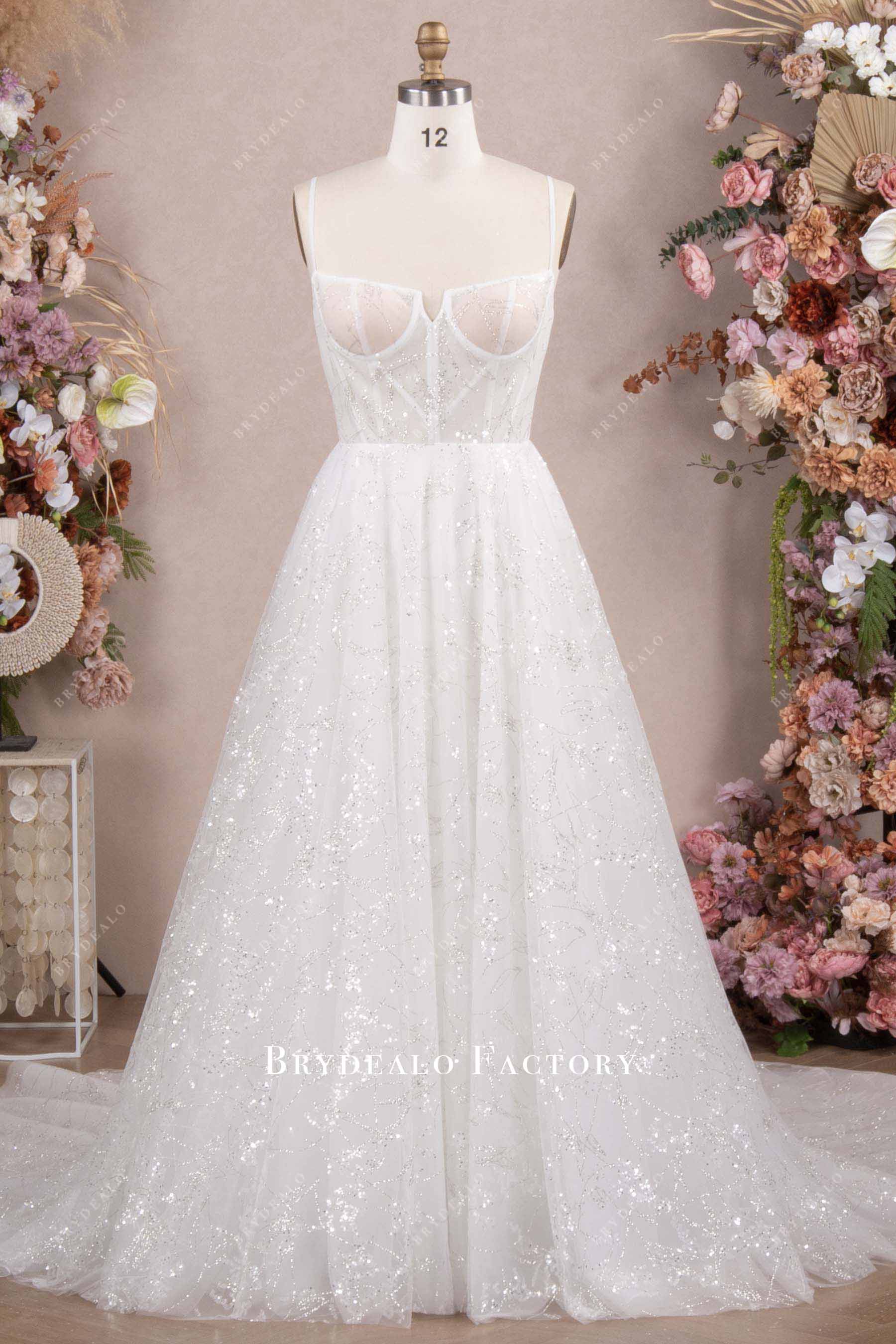 glitter lace white wedding dress