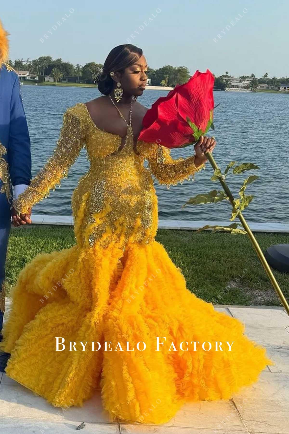 glitter marigold trumpet prom dress