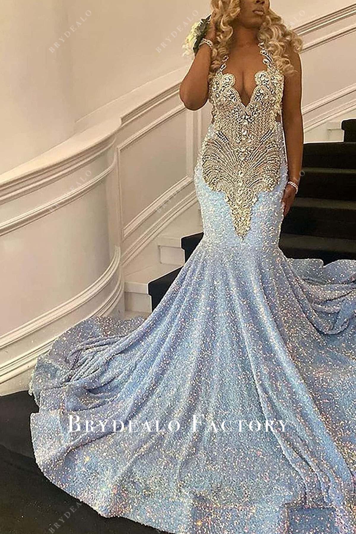 Dazzling Rhinestone Plunging Sequin Long Train Prom Dress Dazzling Rhinestone Plunging Sequin Long Train Prom Dress