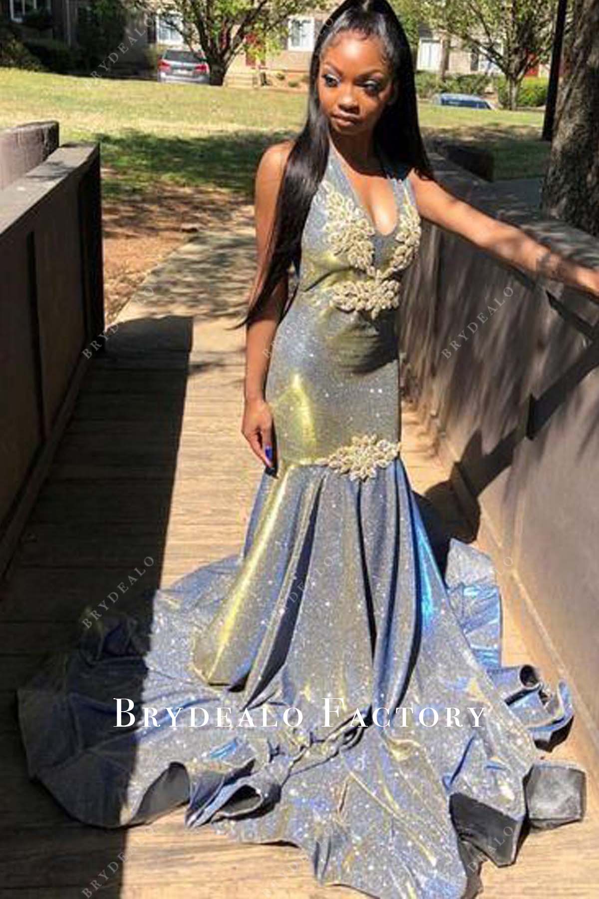 Ombre Blue Halter Neck Horsehair Long Train Mermaid Prom Dress