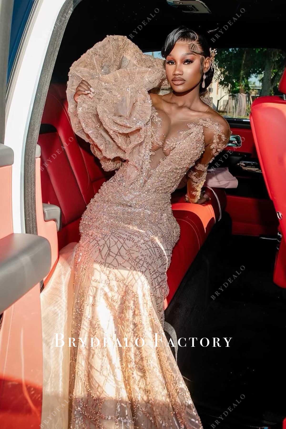 glitter nude beige illusion neck prom dress