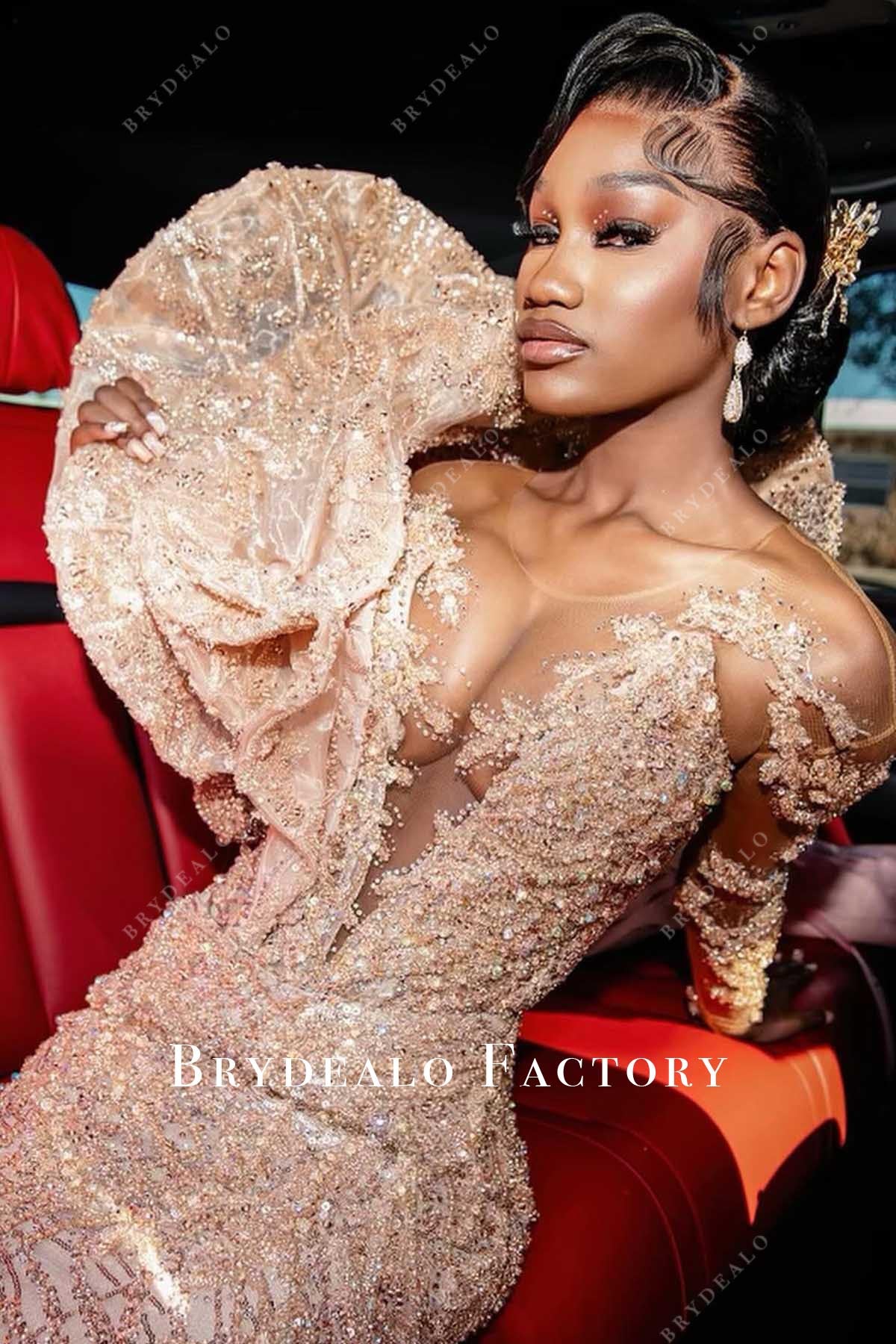 glitter nude beige prom dress