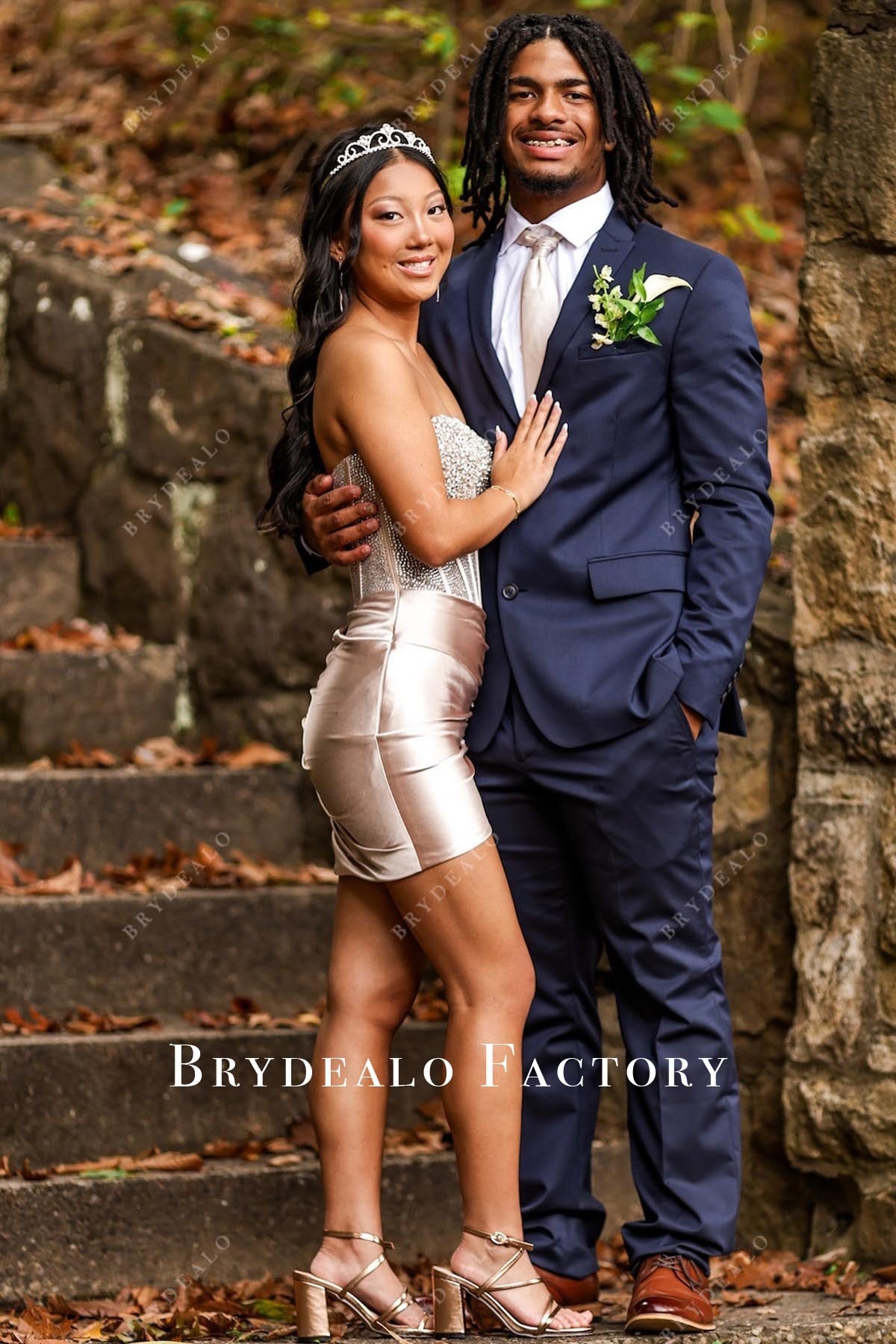 glitter nude open back mini homecoming dress