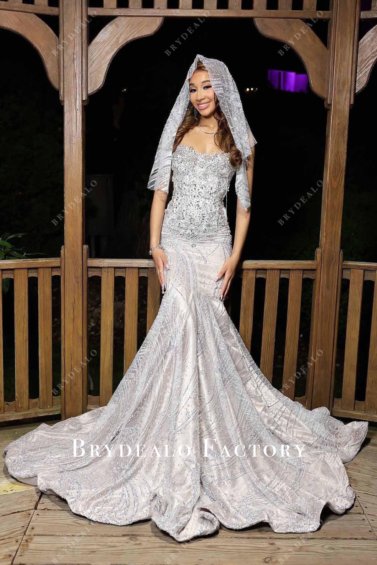 glitter nude trumpet prom dress