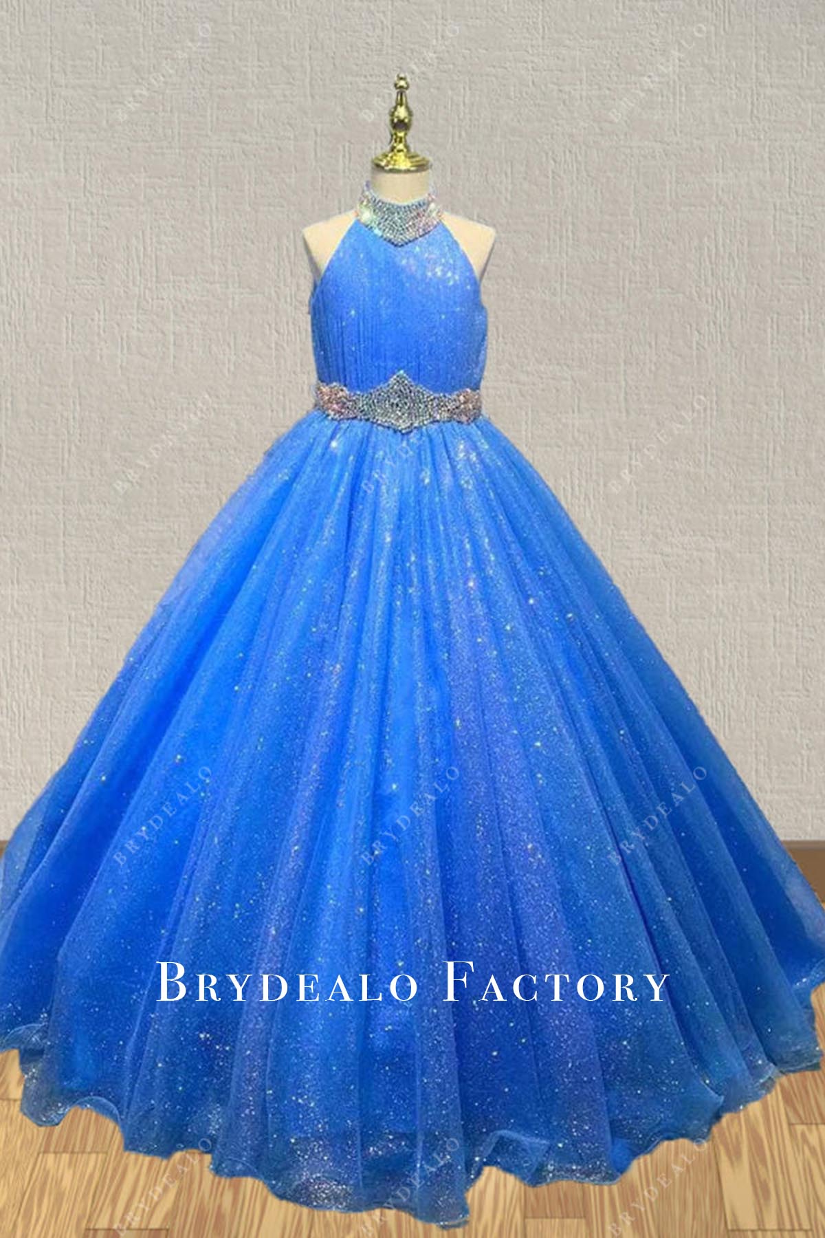 Glitter Ocean Blue Halter A-Line Court Train Pageant Dress Glitter Ocean Blue Halter A-Line Court Train Pageant Dress