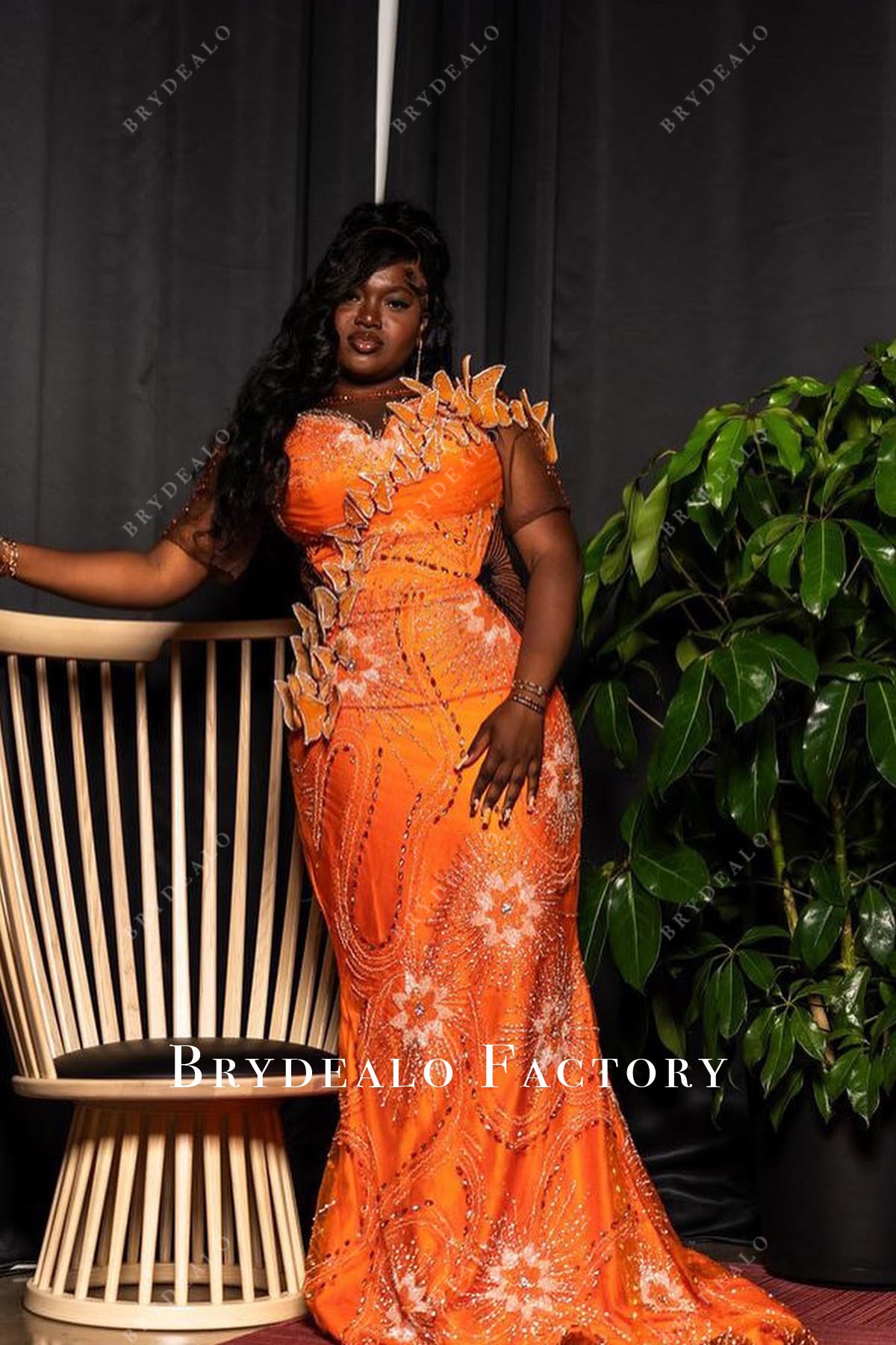 Plus Size Glitter Orange Short Sleeves Fit Flare Prom Dress