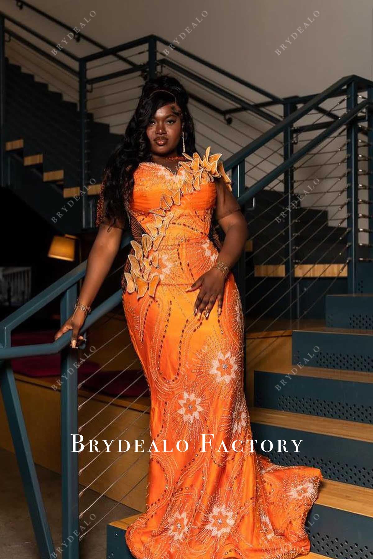 glitter orange short sleeves prom dress