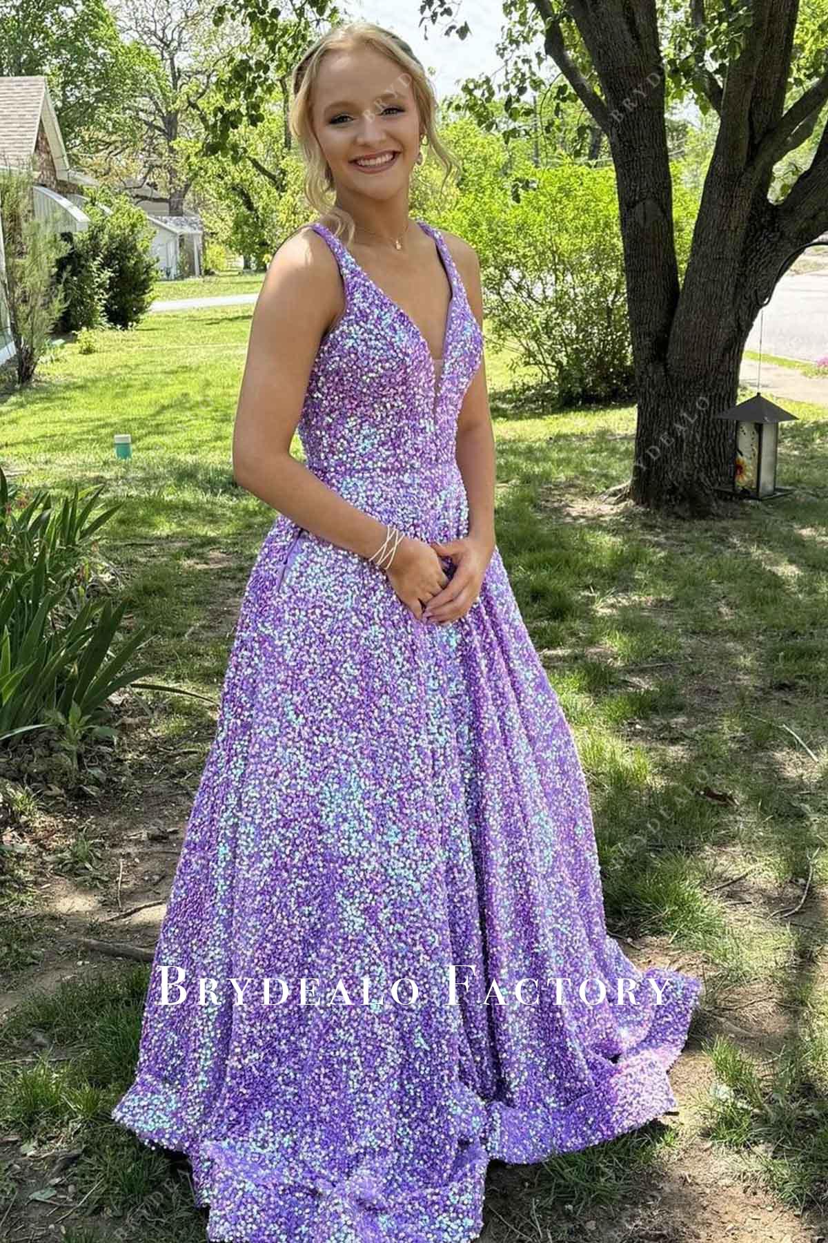 glitter purple a line prom dress