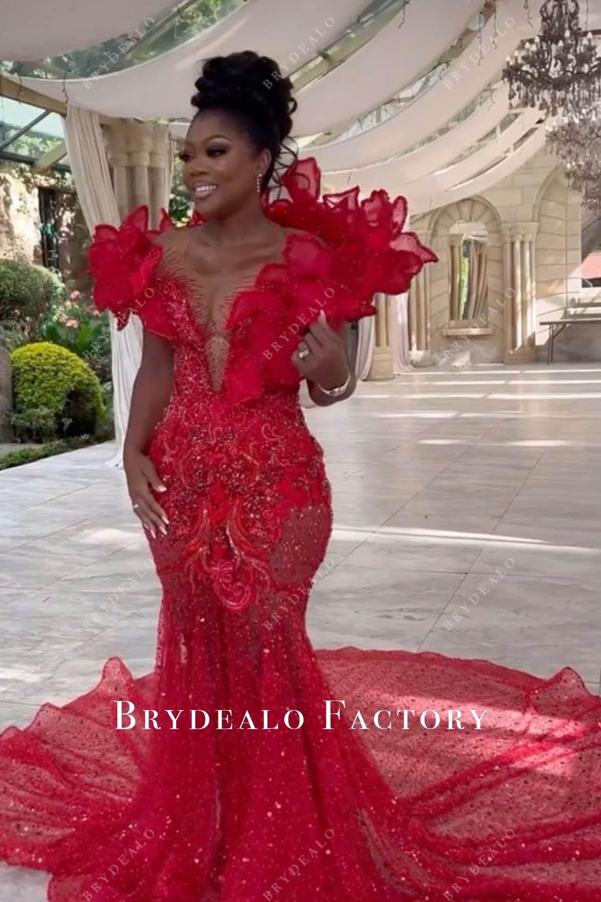 glitter red illusion neck trumpet prom dress