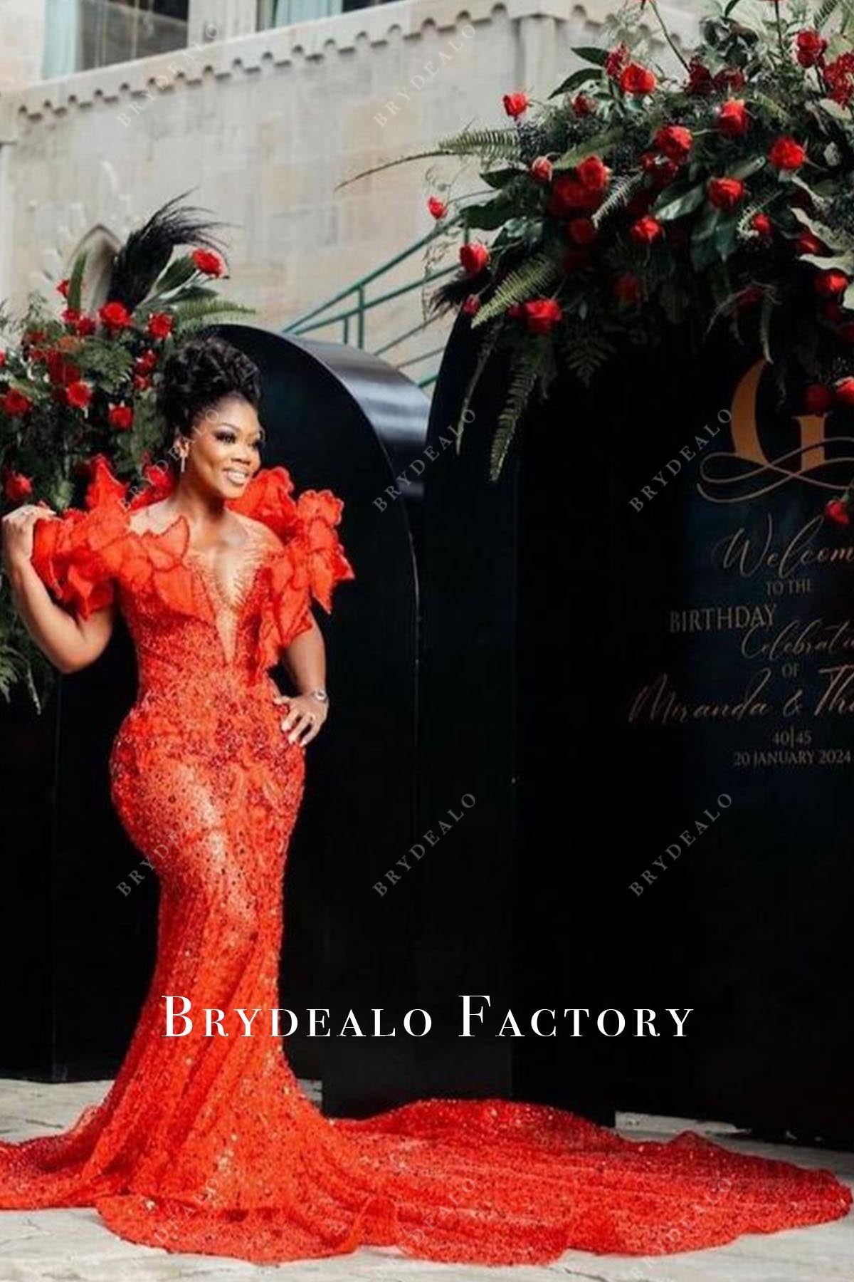 glitter red trumpet chapel train prom dress