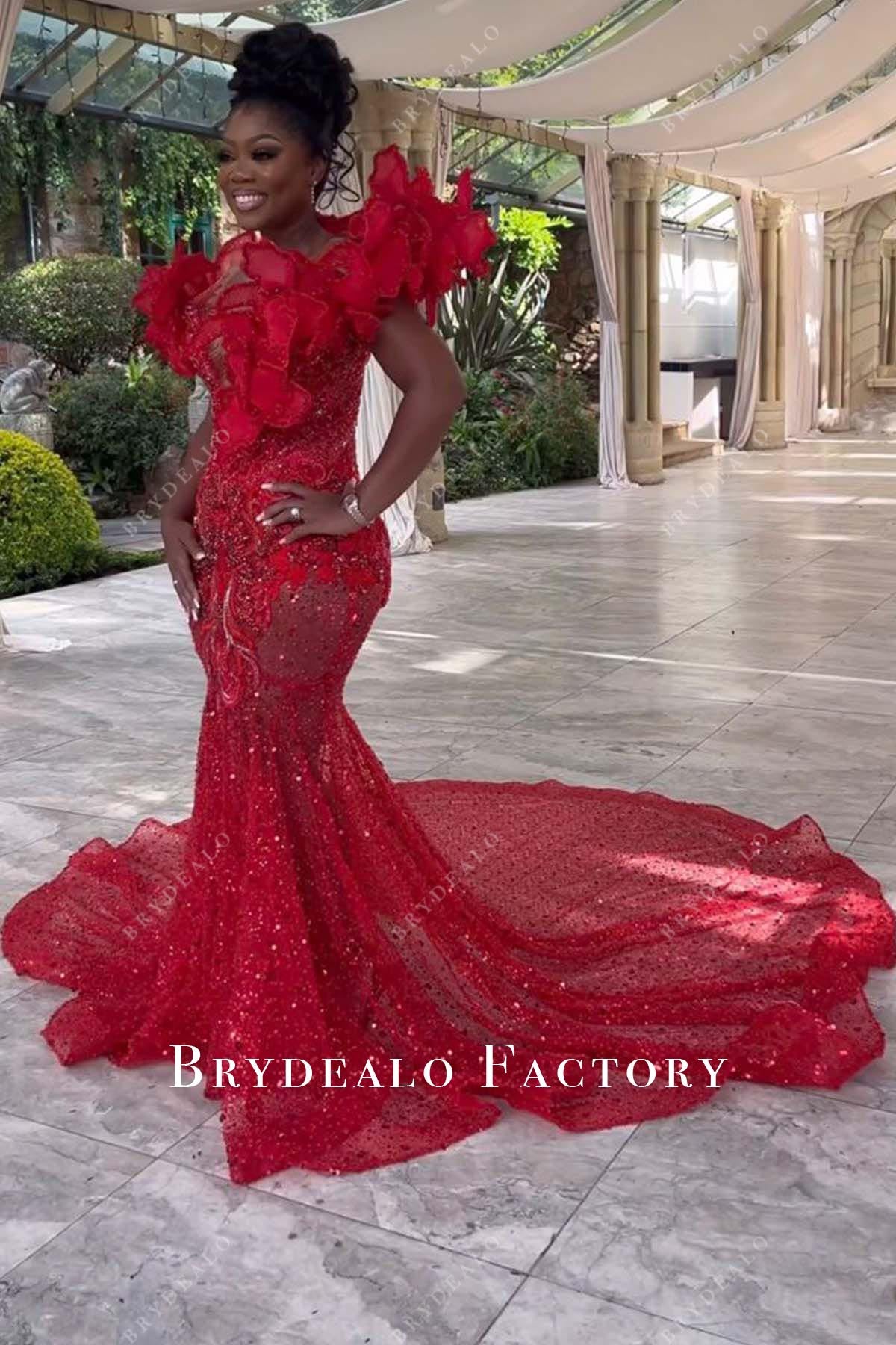 Prom Dress | Glitter Red Off Shoulder Illusion Neck Trumpet Formal Gown Prom Dress | Glitter Red Off Shoulder Illusion Neck Trumpet Formal Gown