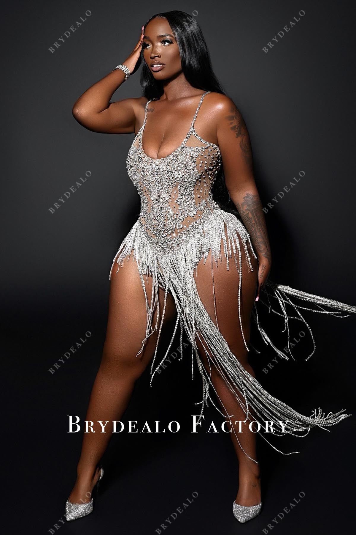 glitter thin straps tassels prom dress