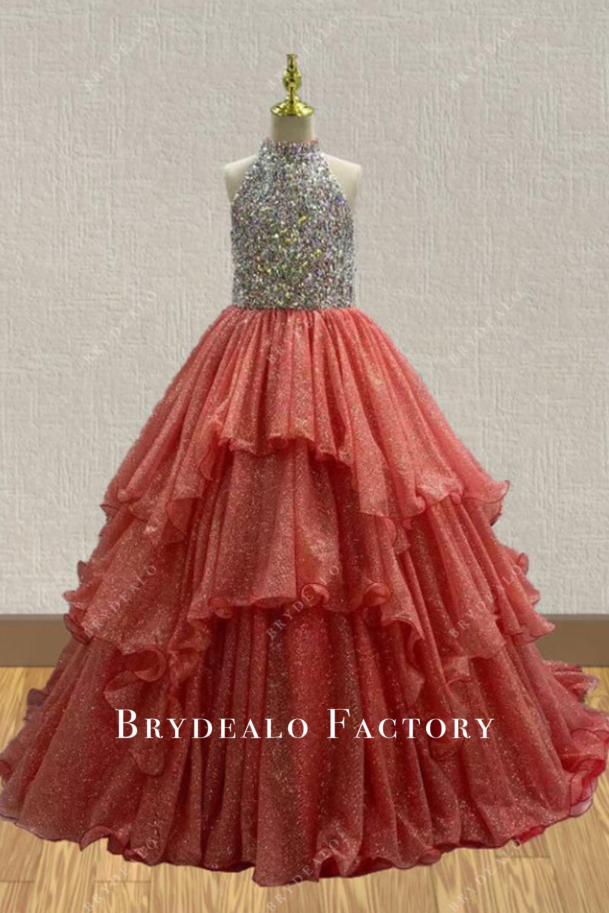 Glitter High Neck Rusty Layered A-Line Kids Pageant Dress