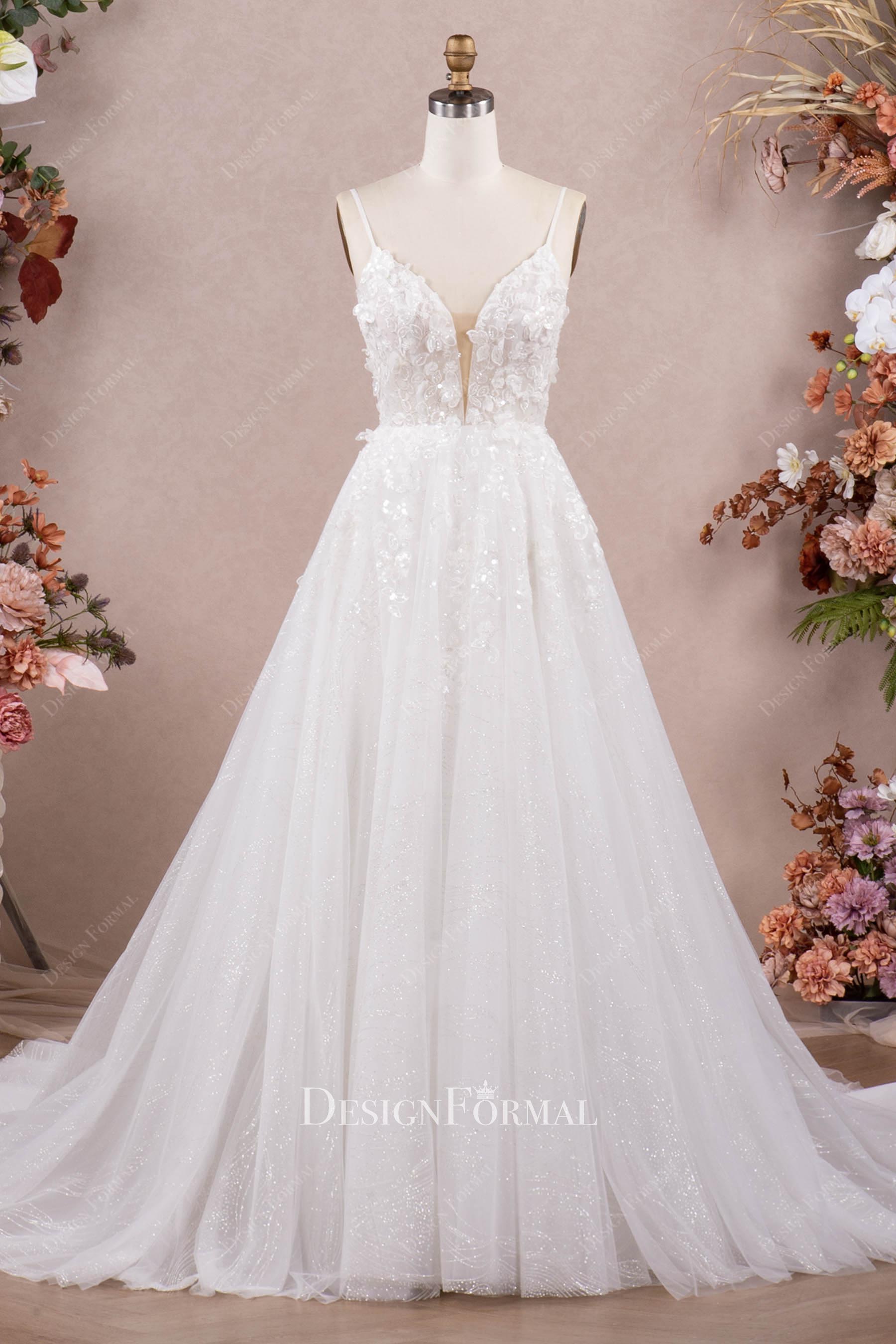 glitter tulle thin straps wedding dress