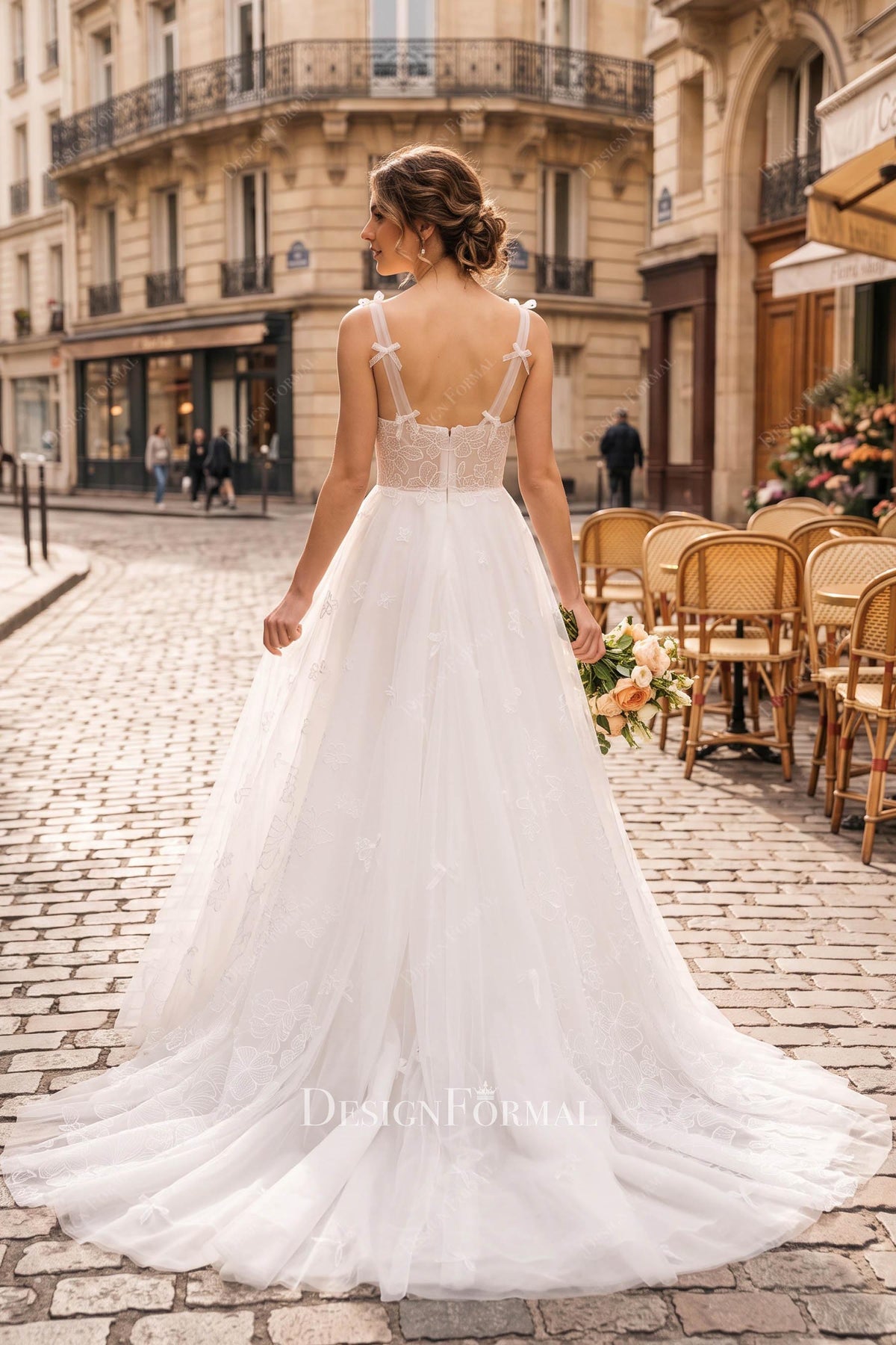 godet lace tulle court train wedding dress