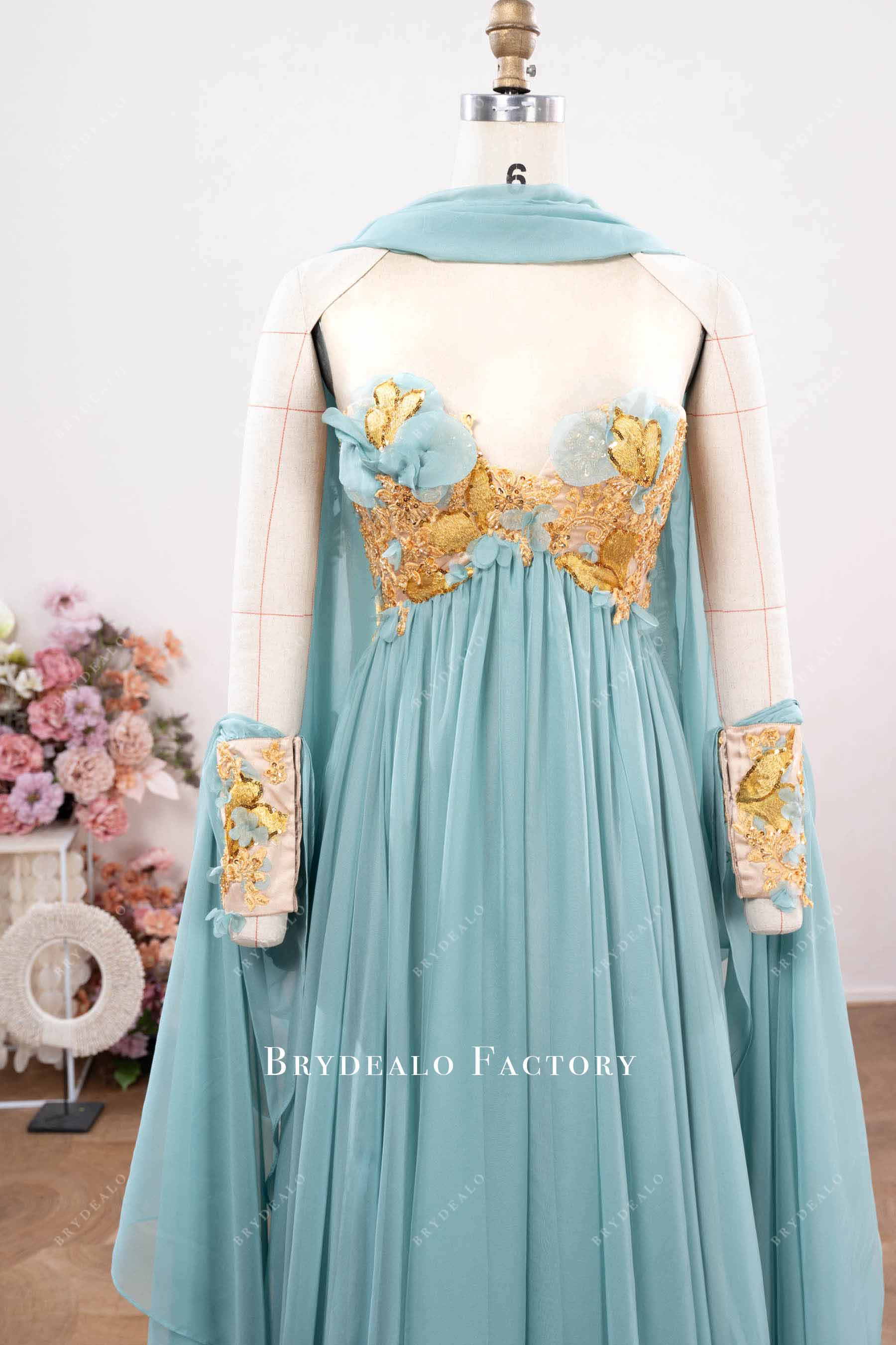 gold blue empire waist evening dress
