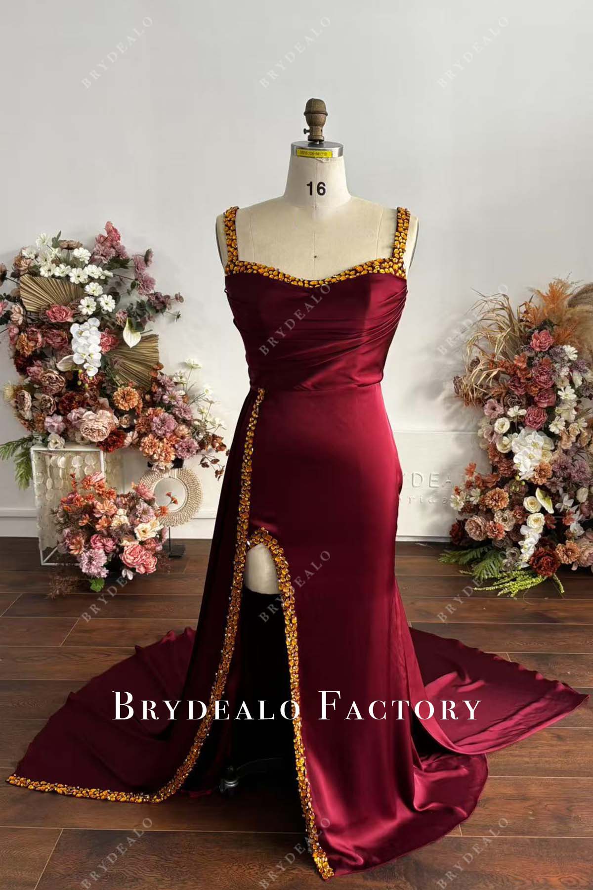 Gold Crystal Plus Size Custom Burgundy Silk Fit & Flare Slit Prom Dress Gold Crystal Plus Size Custom Burgundy Silk Fit & Flare Slit Prom Dress
