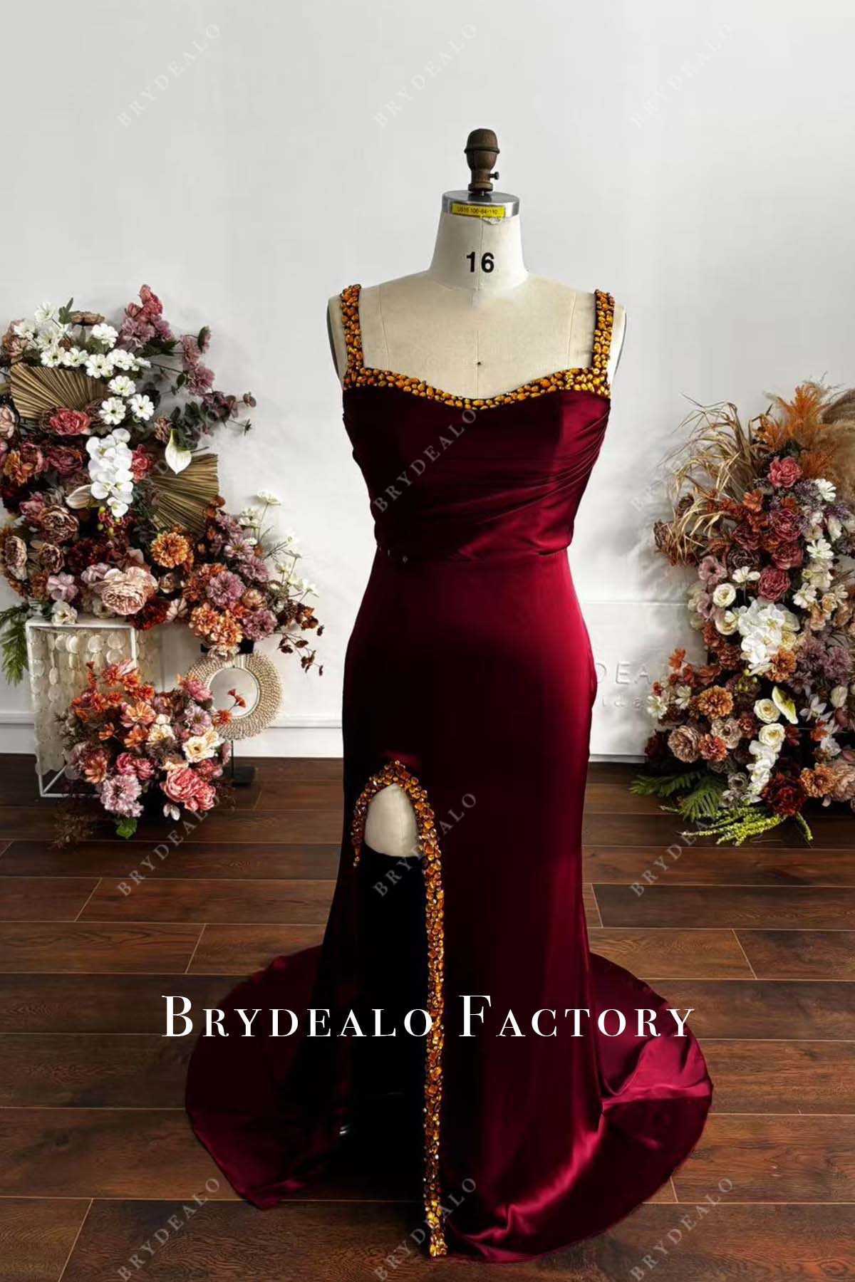 gold crystals burgundy silky slit prom dress