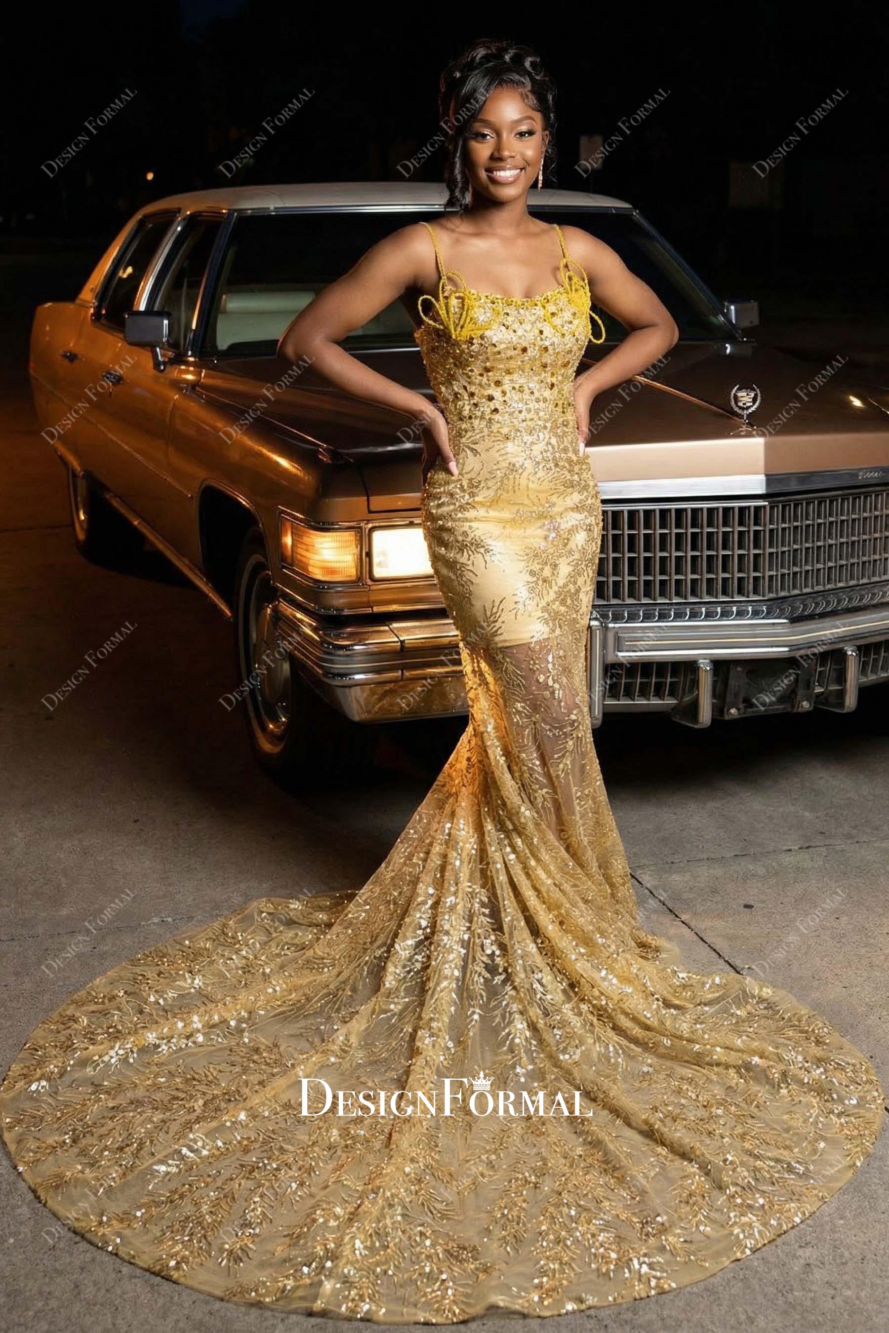 chinese dress ladies Gold Shimmer Strapless Mermaid Shawl Prom Gown, Gold / Dress+Headpiece