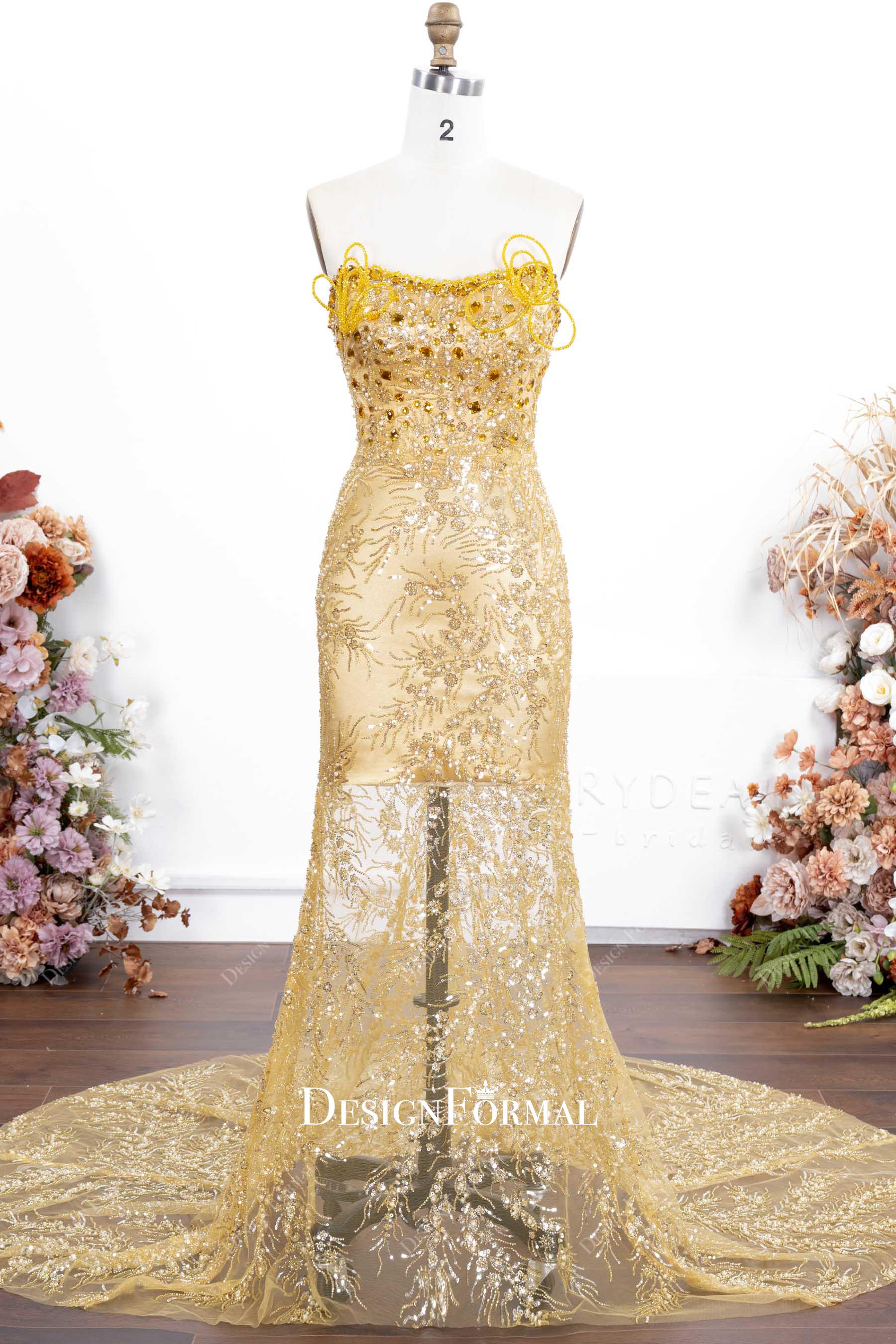 gold glitter strapless prom dress