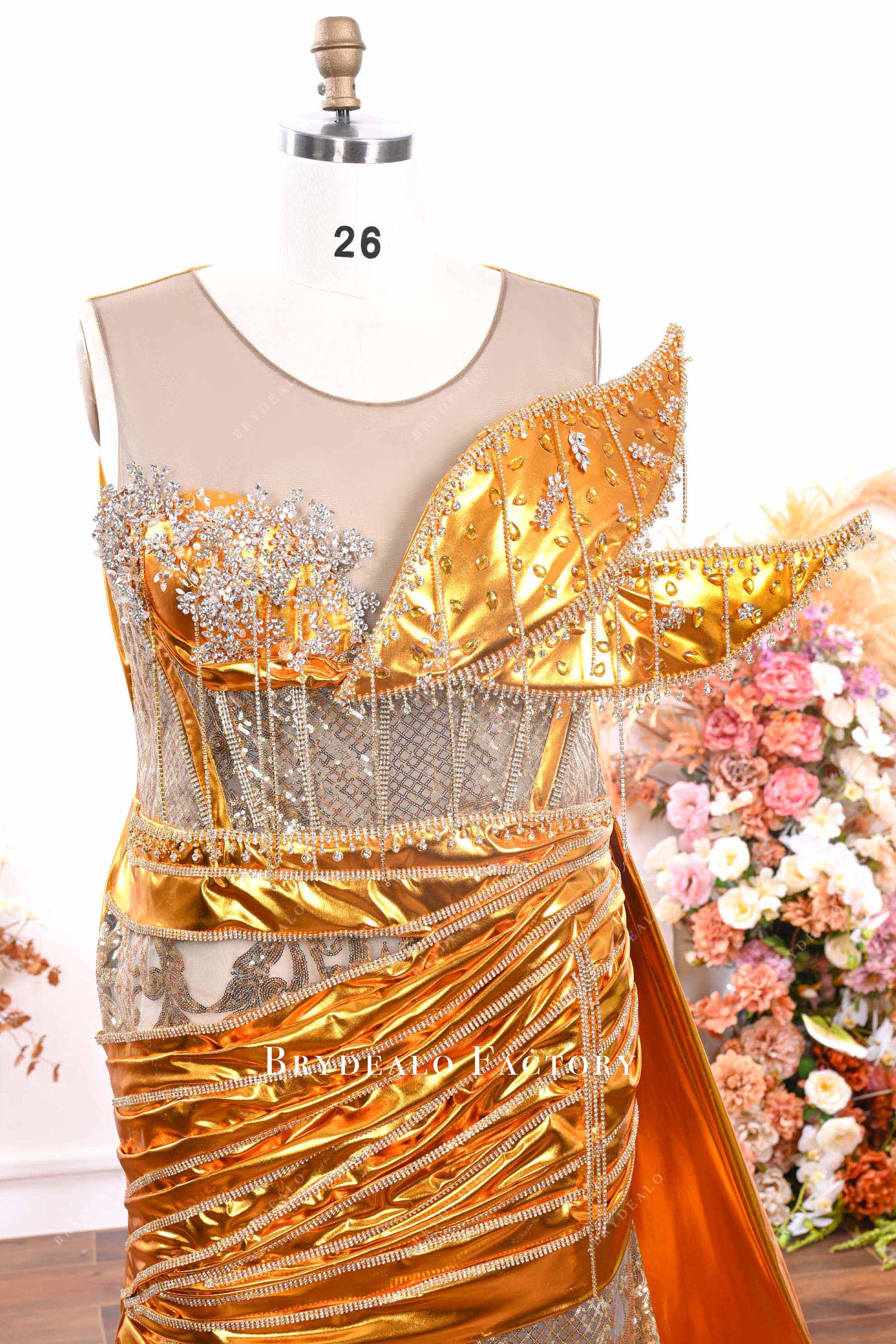 gold glitter visible boning prom dress