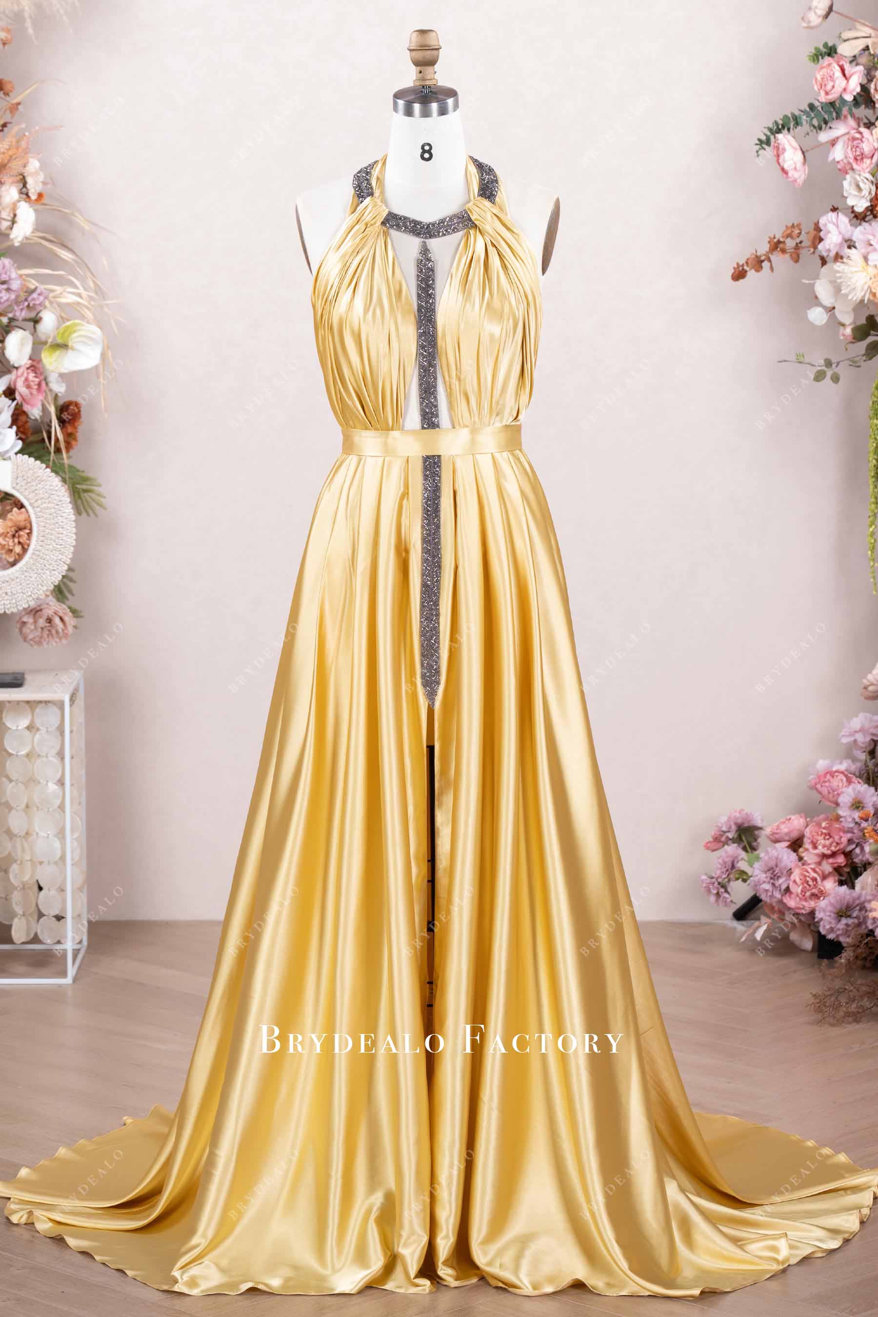 rose gold silk maxi dress Charming A Line V Neck Satin Long Yellow Prom Dresses – luladress main image 1