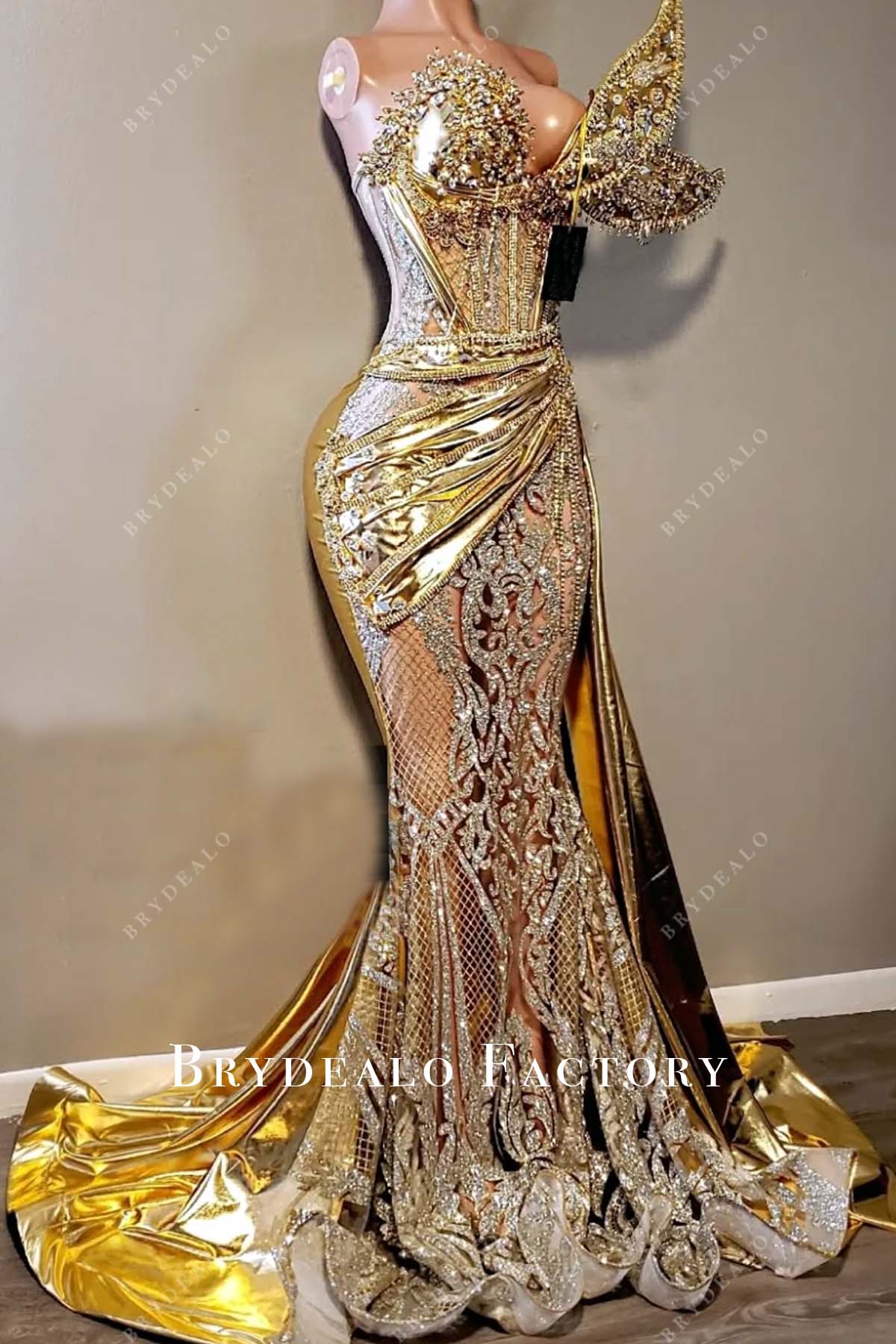 Gold Glossy Sequin Mermaid Unique Designed Prom Dress