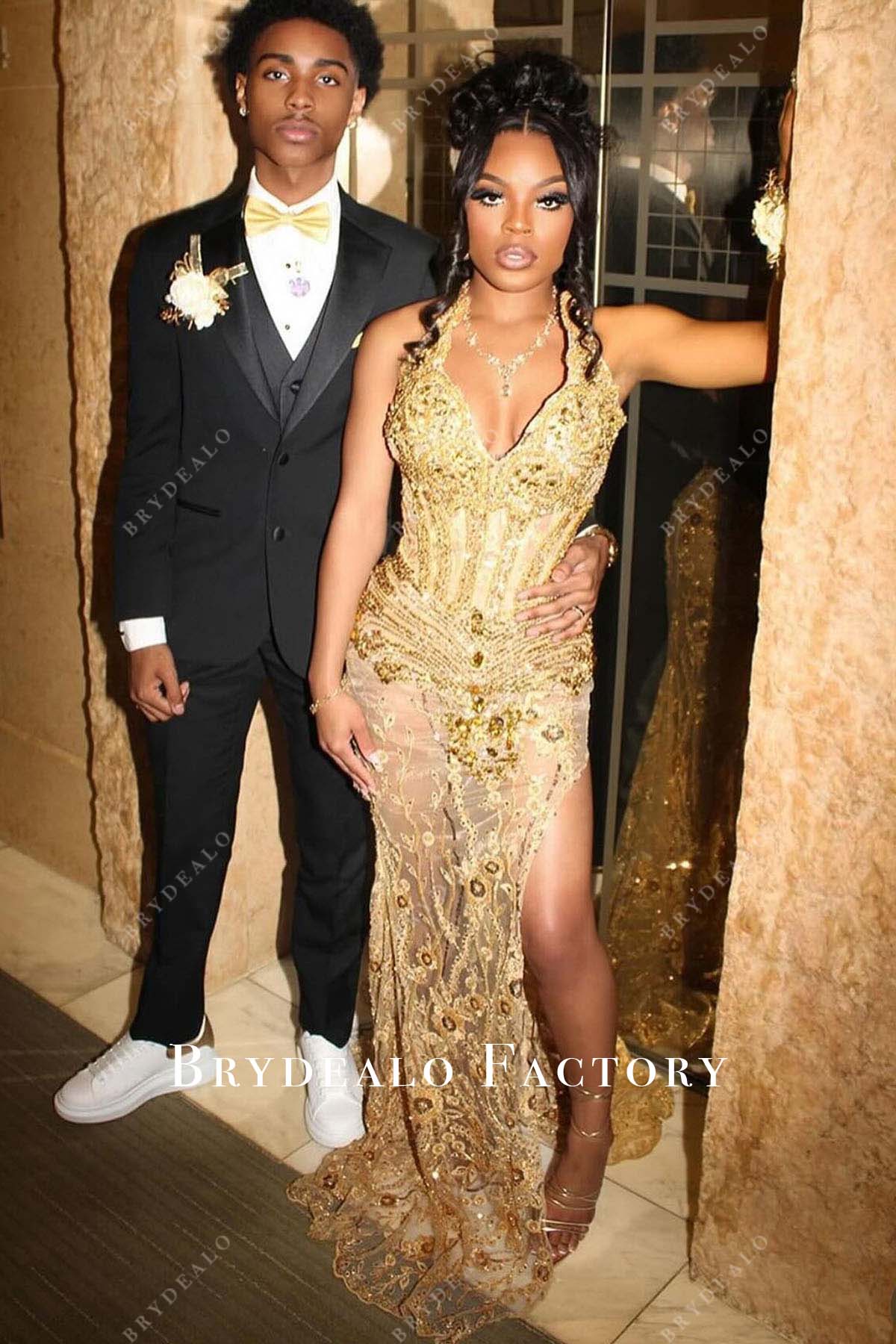 Gold Halter V-Neck Beaded Floor Length Slit Prom Dress Gold Halter V-Neck Beaded Floor Length Slit Prom Dress