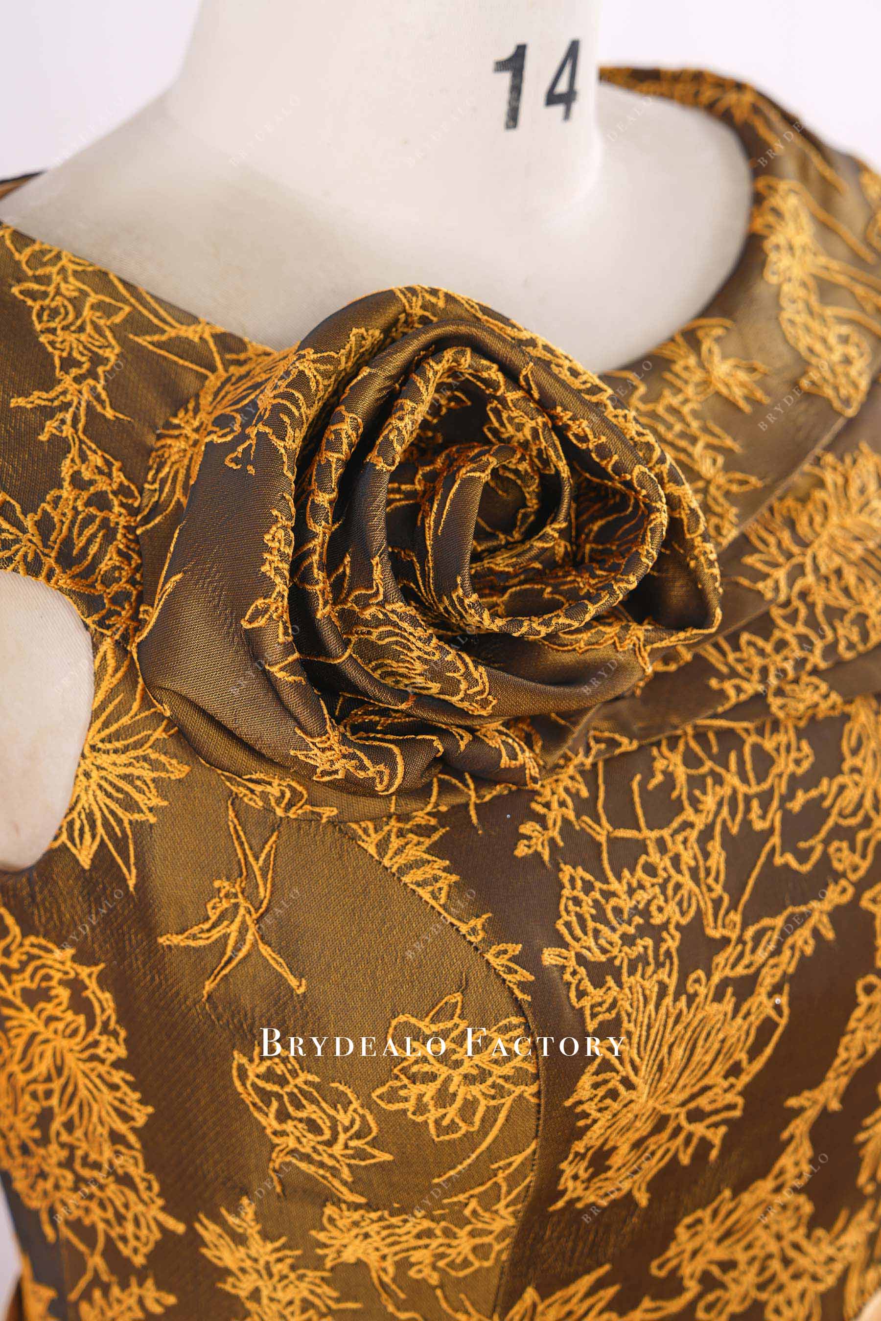 gold jacquard 3d rose mother of bride dress