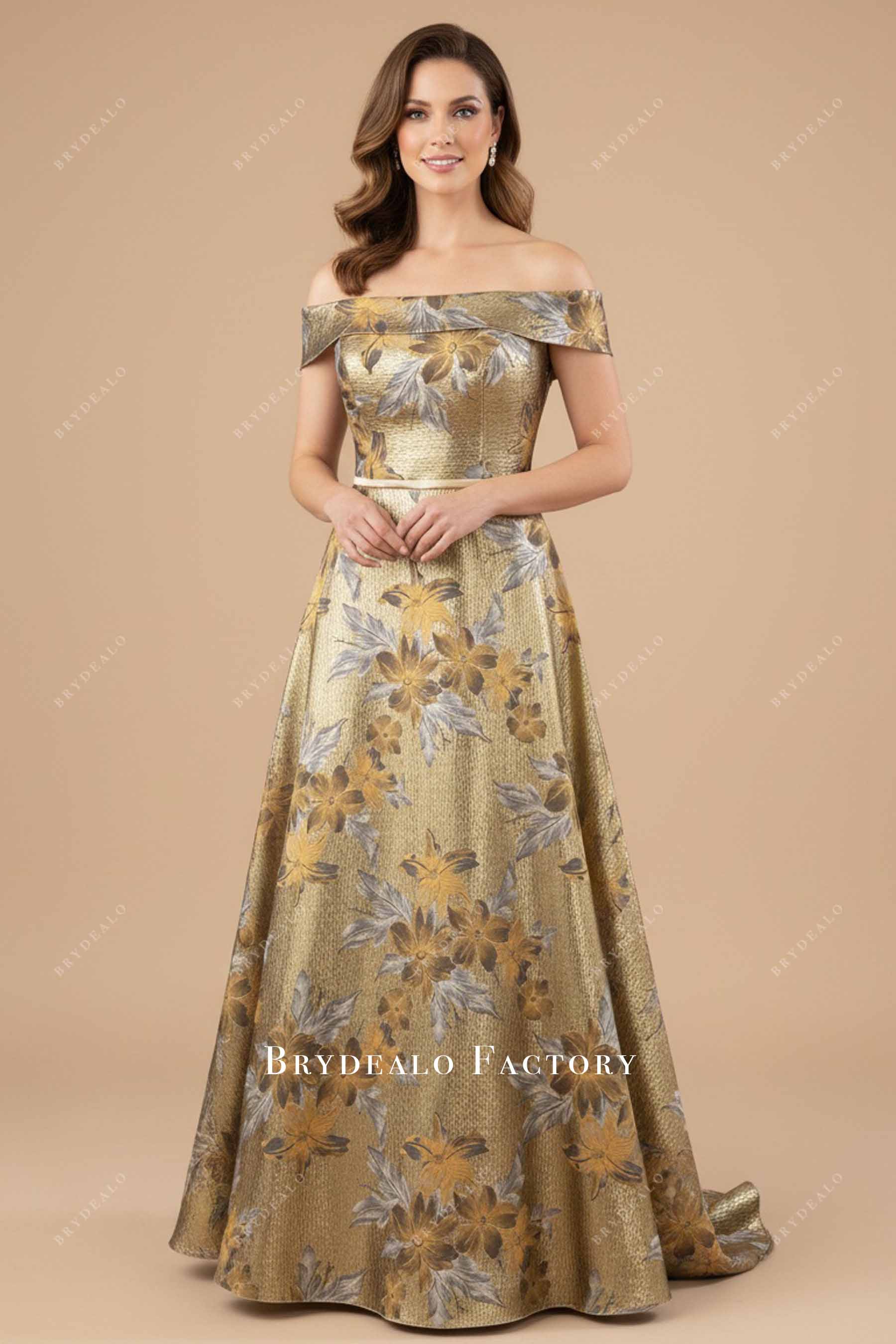 slim fit dress slacks Gold Jacquard Off-Shoulder Mother of The Bride Dress