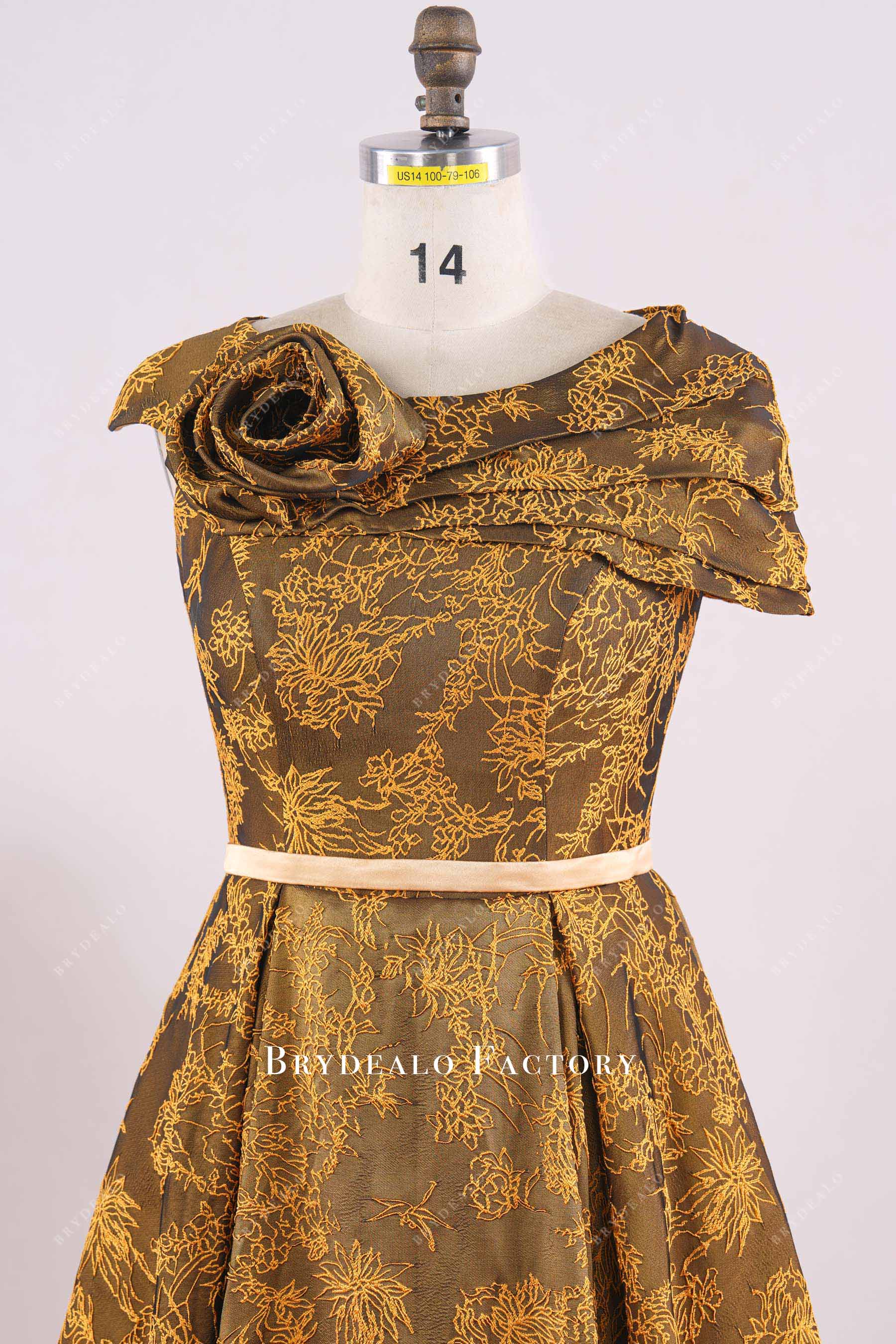 gold jacquard boat neck mother of bride dress