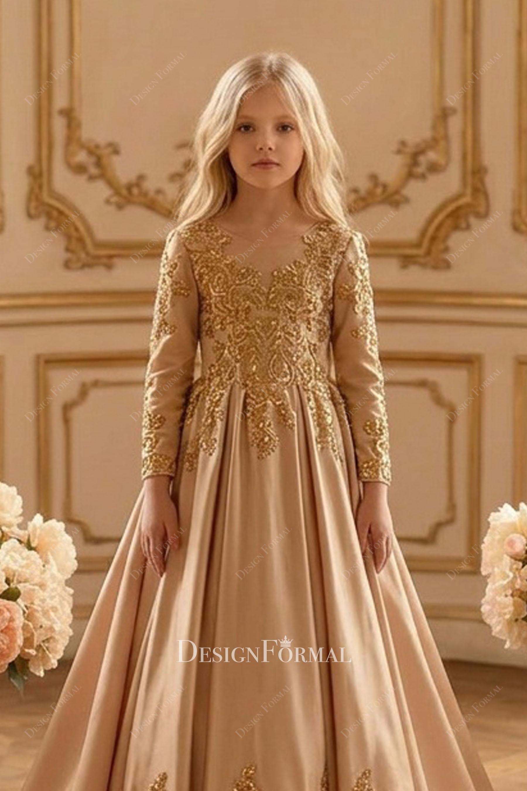 gold lace applique long sleeve first Coummunion dress