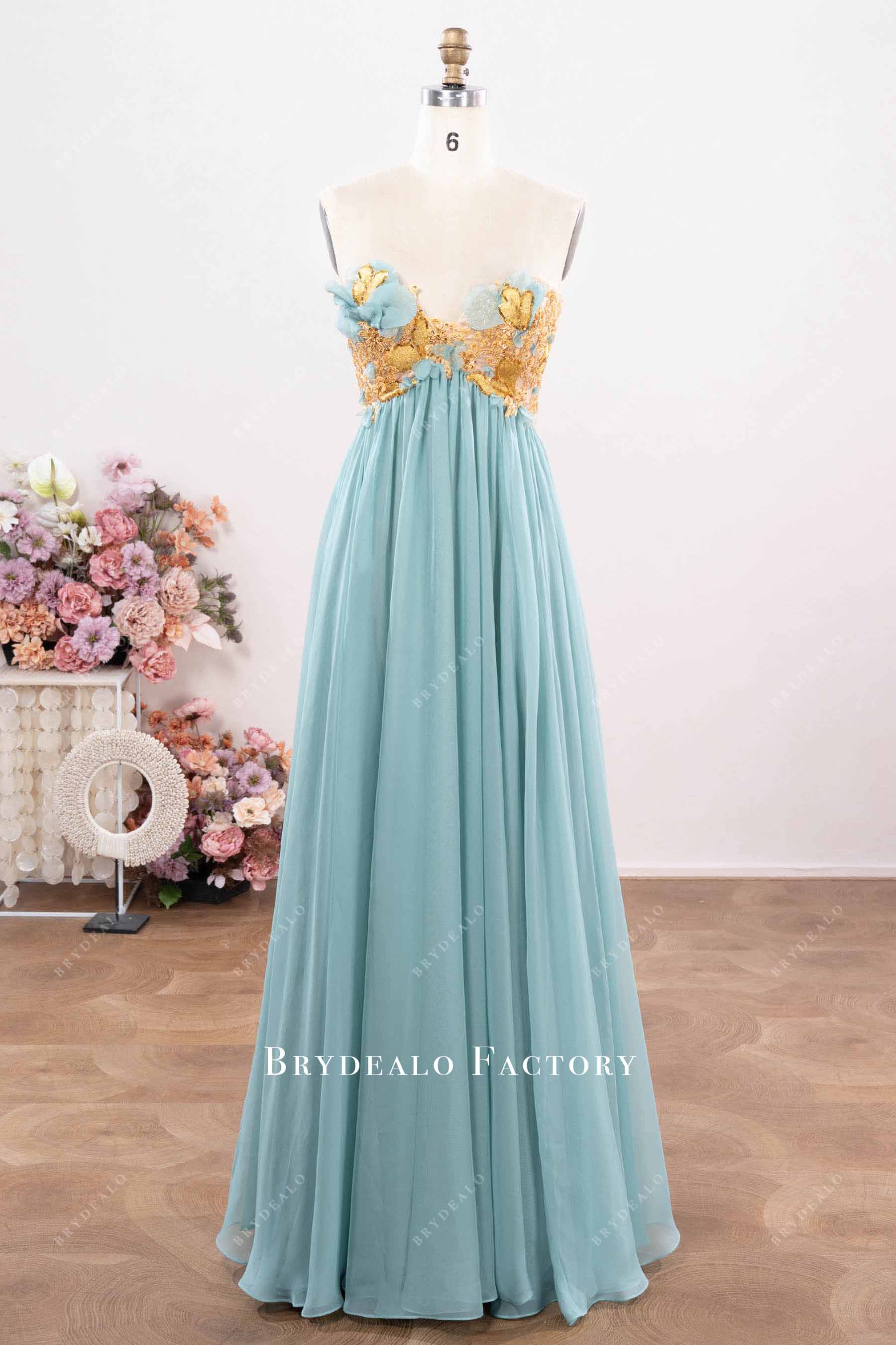 gold lace appliques chiffon prom dress