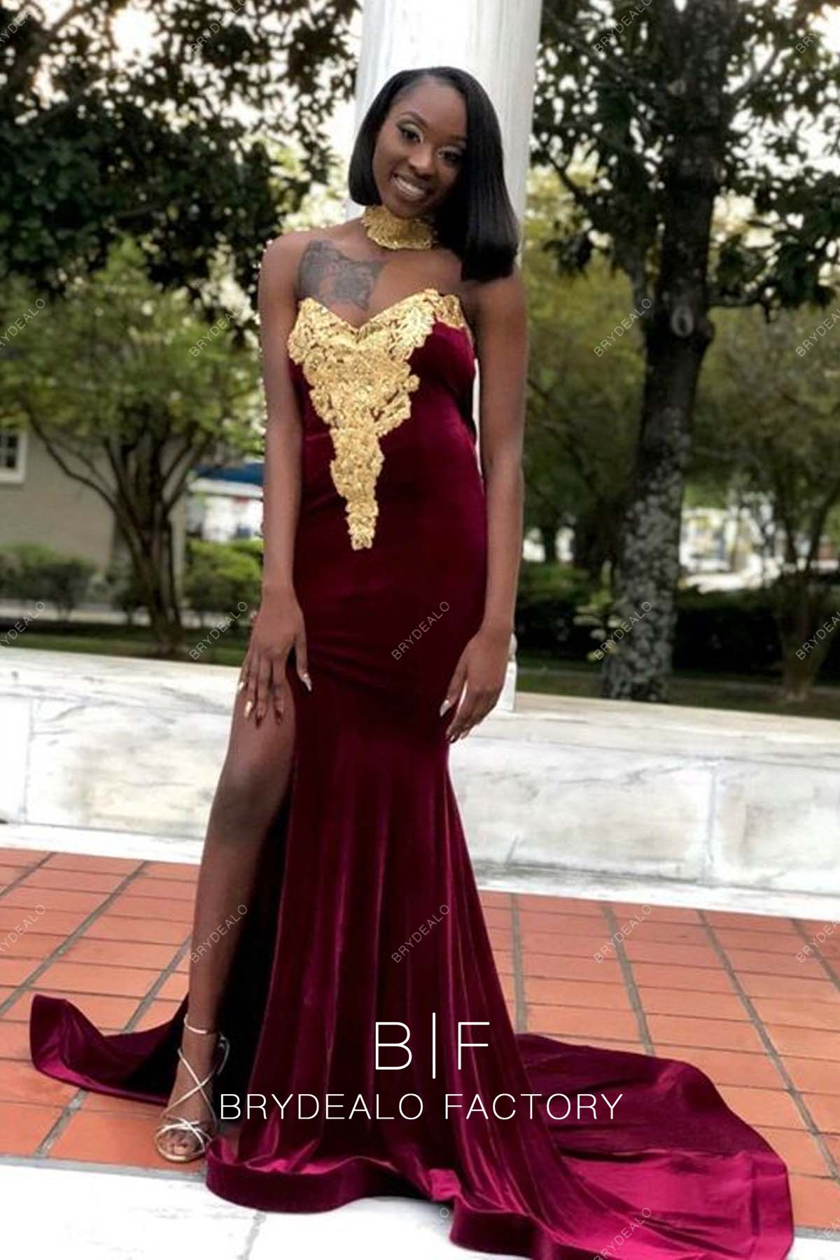 Gold Lace Choker Neck Burgundy Velvet Slit Mermaid Prom Evening Dress