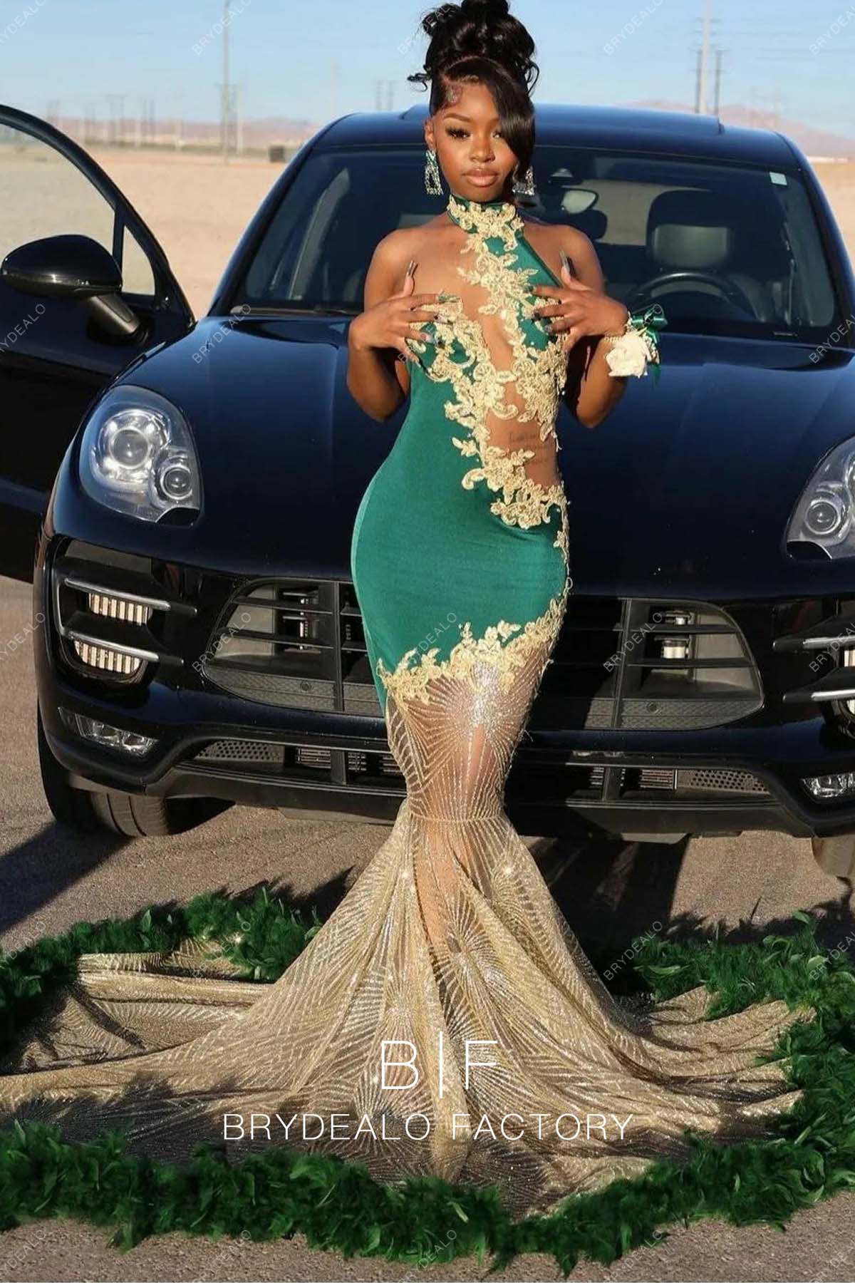Green Jersey Halter Neck Gold Lace Glitter Mermaid Feather Prom Dress Green Jersey Halter Neck Gold Lace Glitter Mermaid Feather Prom Dress