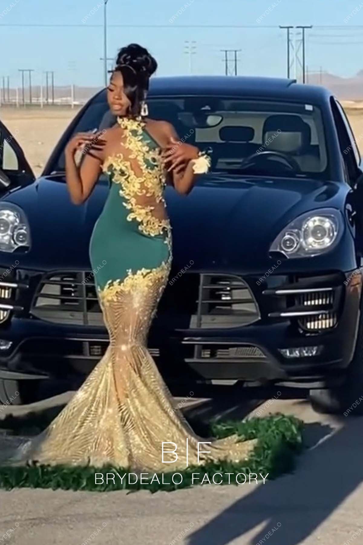 Sleeveless Gold Glitter Mermaid Feather Long Train Prom Dress