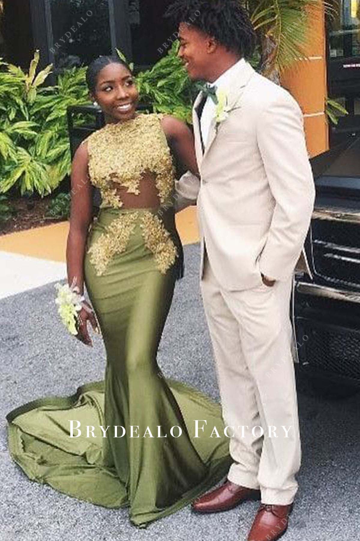 open lace back dress Gold Lace Olive Green Mermaid Long Train Prom Dress