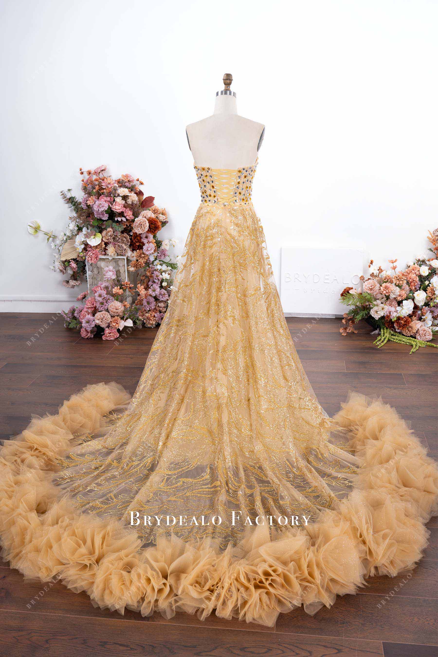 gold long ruffled overskirt prom gown