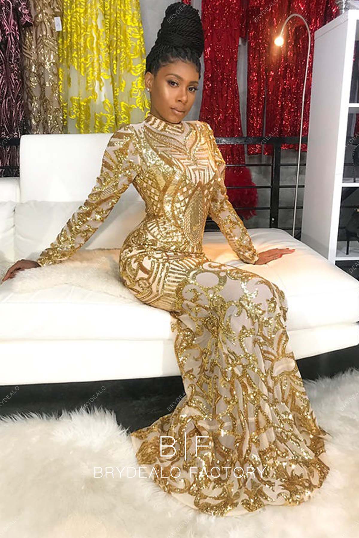 Gold Sequin Mock Neck Sheer Sleeve Mermaid Long Prom Dress Gold Sequin Mock Neck Sheer Sleeve Mermaid Long Prom Dress