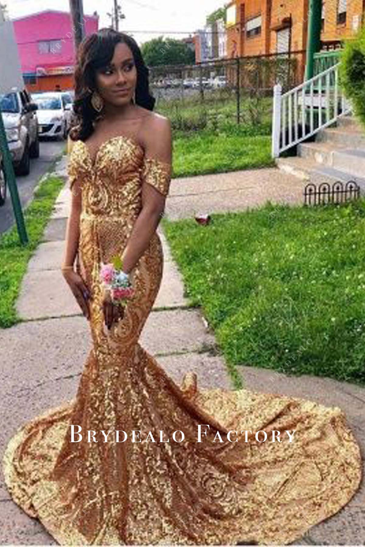 Gold off the shoulder prom dress hotsell